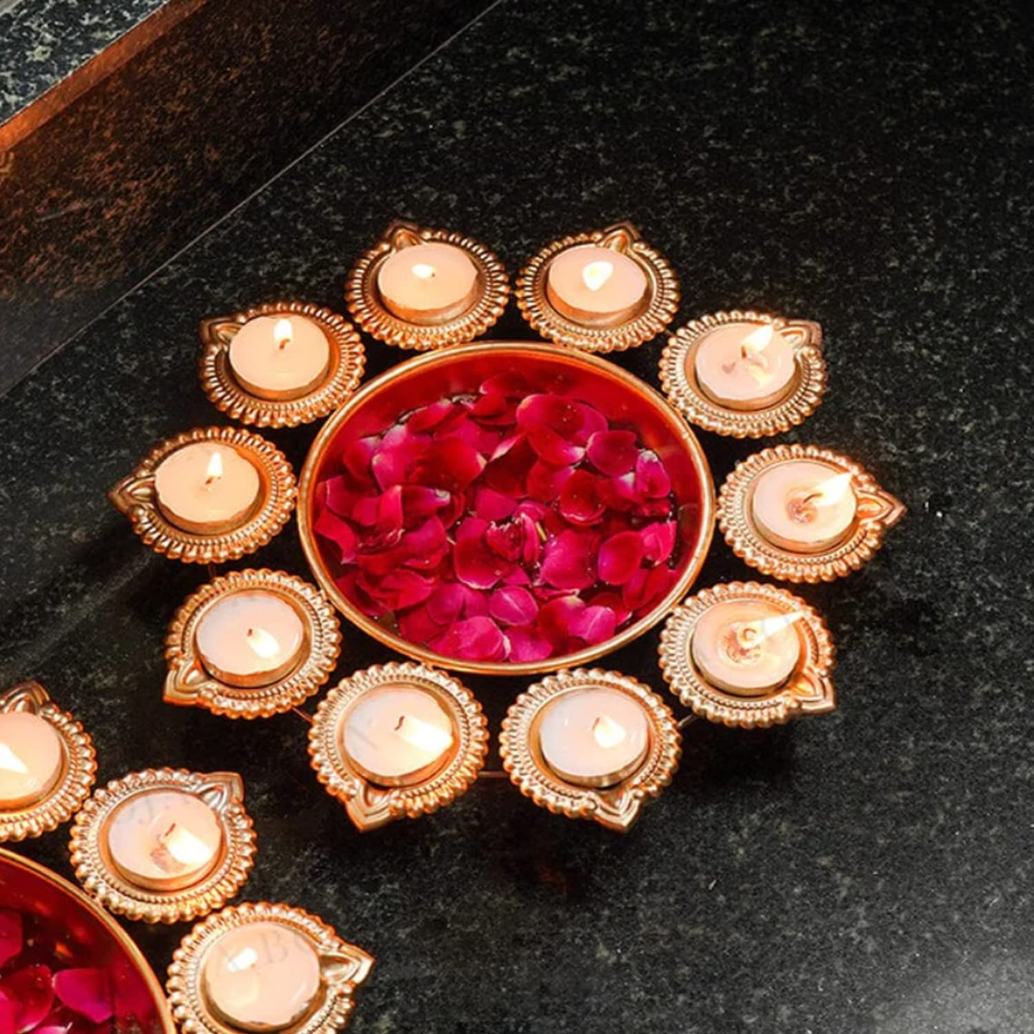 eCraftIndia Golden Metal Handcrafted Designer Urli with 10 Diyas