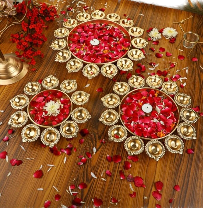 eCraftIndia Set of 3 Golden Metal Handcrafted Flower Shape Designer Urlis with Diyas
