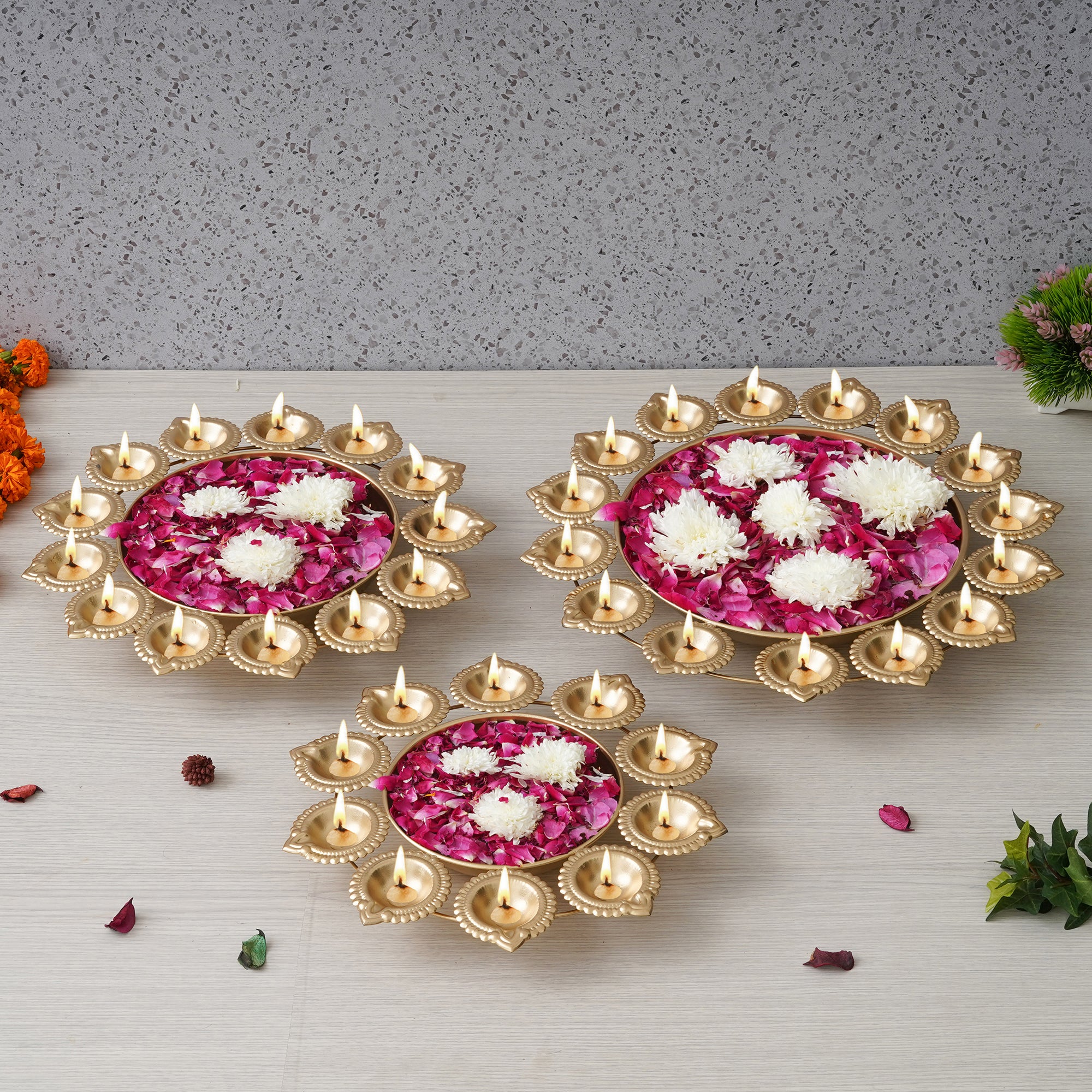 eCraftIndia Set of 3 Golden Metal Handcrafted Flower Shape Designer Urlis with Diyas 2