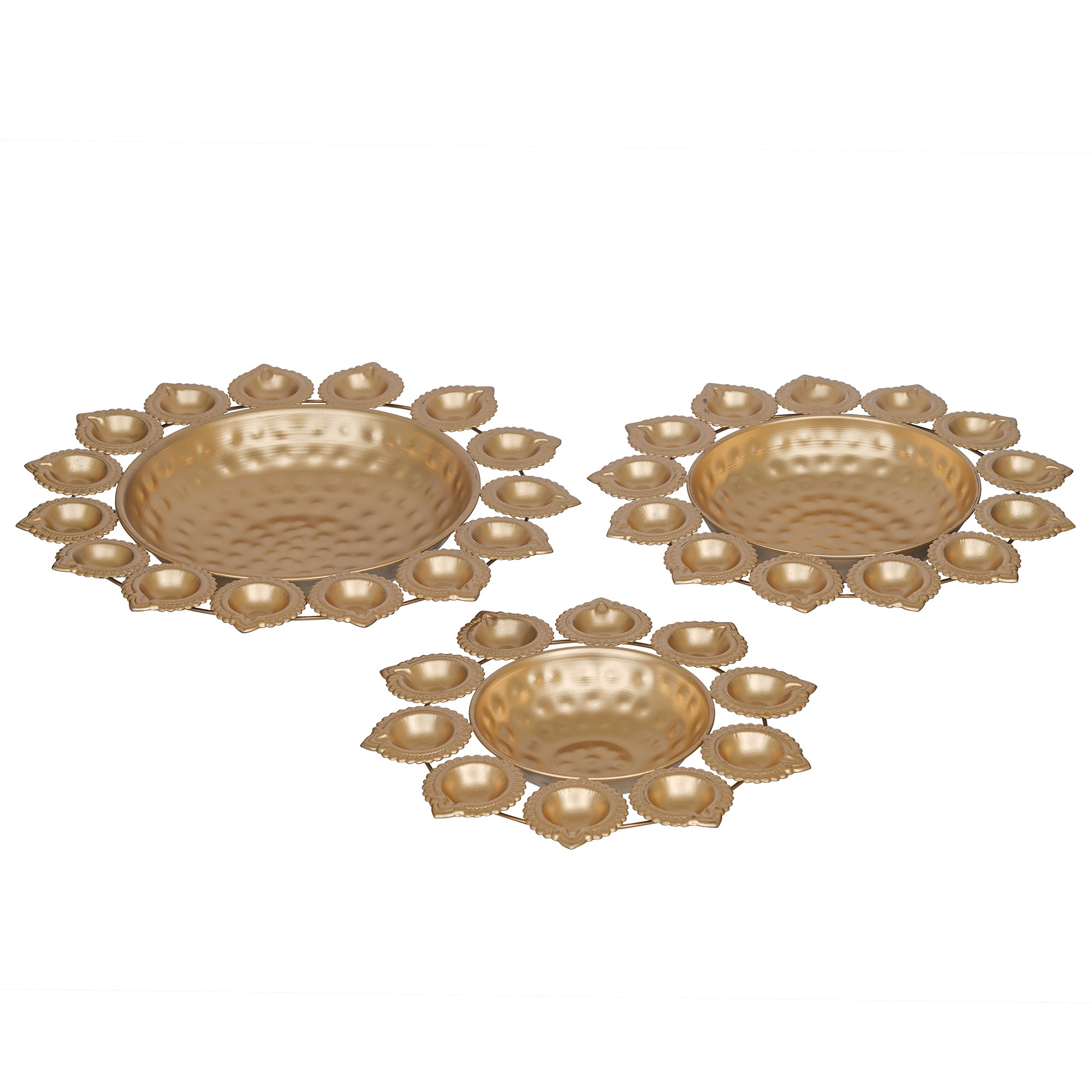 eCraftIndia Set of 3 Golden Metal Handcrafted Flower Shape Designer Urlis with Diyas 3