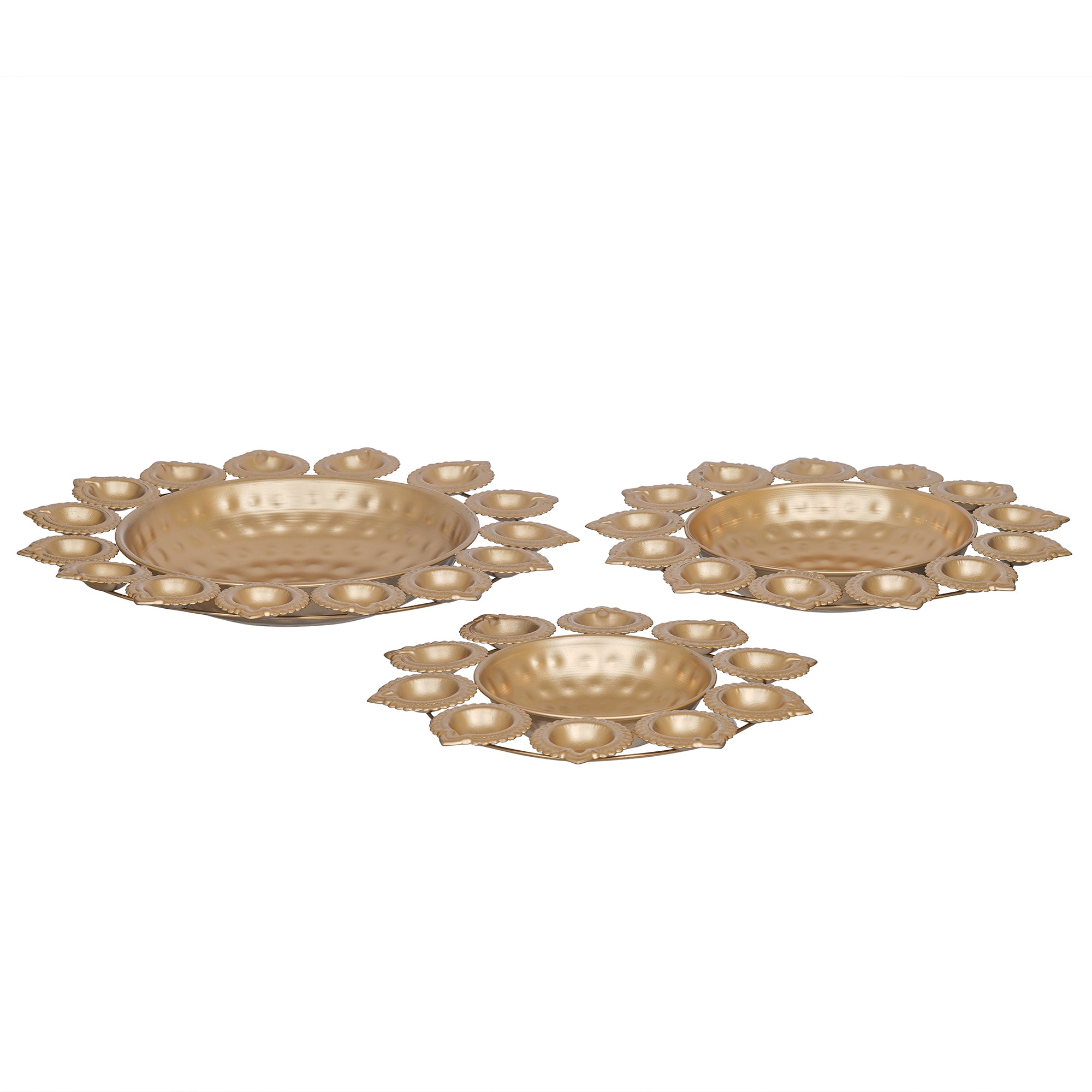 eCraftIndia Set of 3 Golden Metal Handcrafted Flower Shape Designer Urlis with Diyas 7