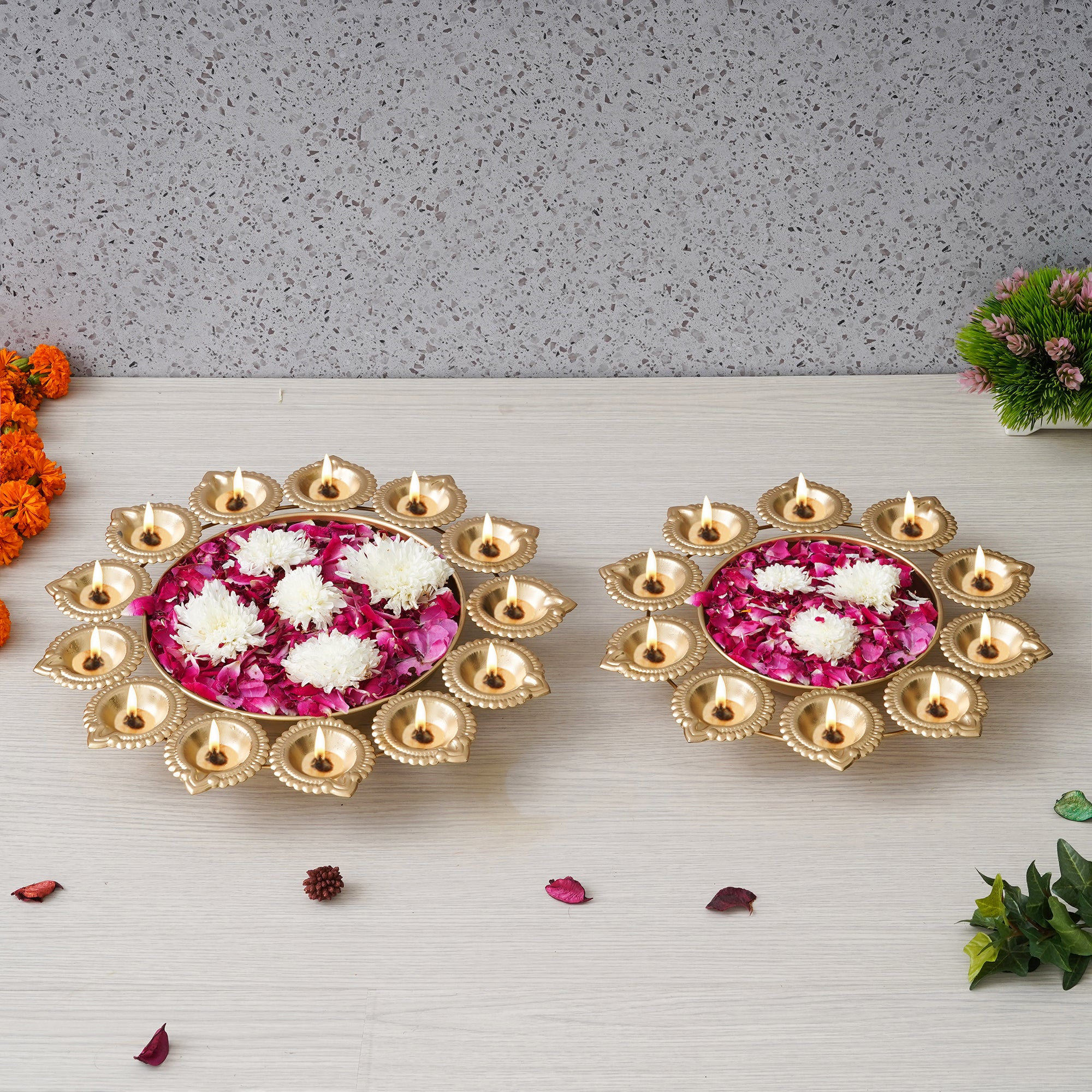 eCraftIndia Set of 2 Golden Metal Handcrafted Flower Shape Designer Urlis with Diyas 1