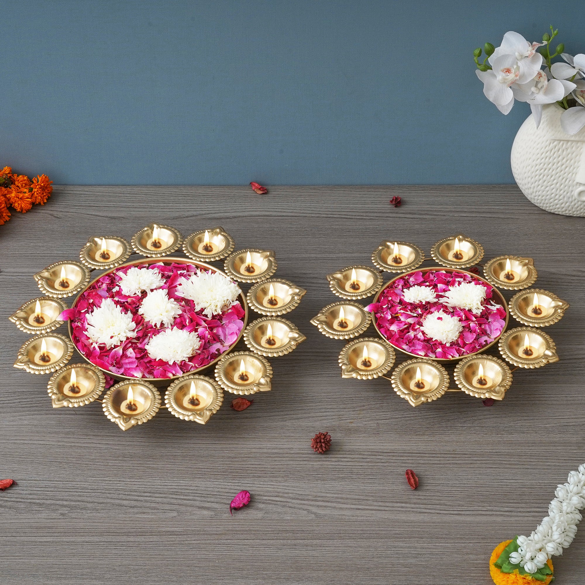 eCraftIndia Set of 2 Golden Metal Handcrafted Flower Shape Designer Urlis with Diyas