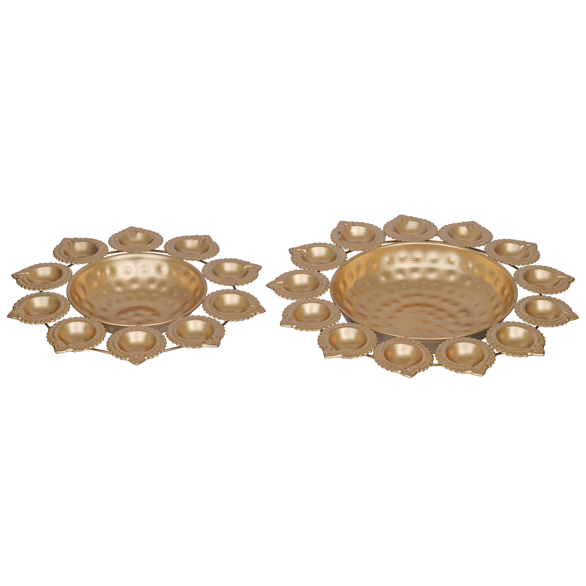 eCraftIndia Set of 2 Golden Metal Handcrafted Flower Shape Designer Urlis with Diyas 2