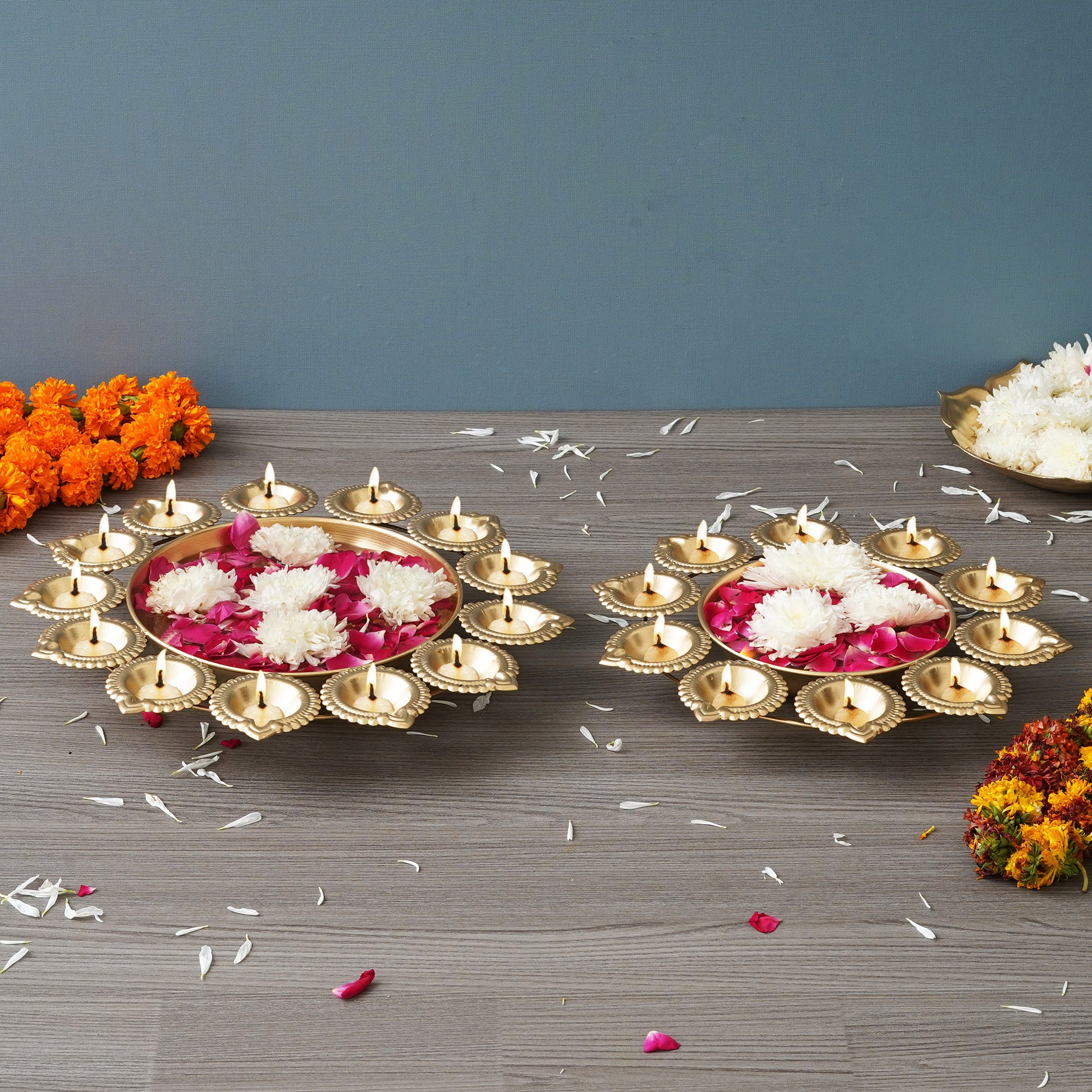 eCraftIndia Set of 2 Golden Metal Handcrafted Flower Shape Designer Urlis with Diyas 4