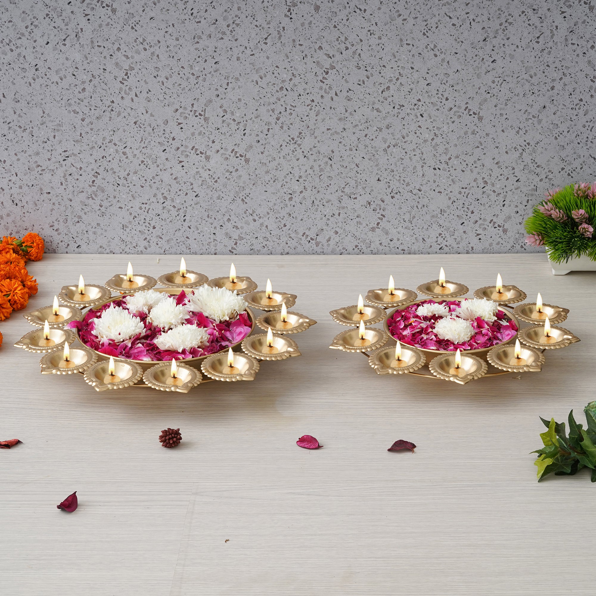 eCraftIndia Set of 2 Golden Metal Handcrafted Flower Shape Designer Urlis with Diyas 5