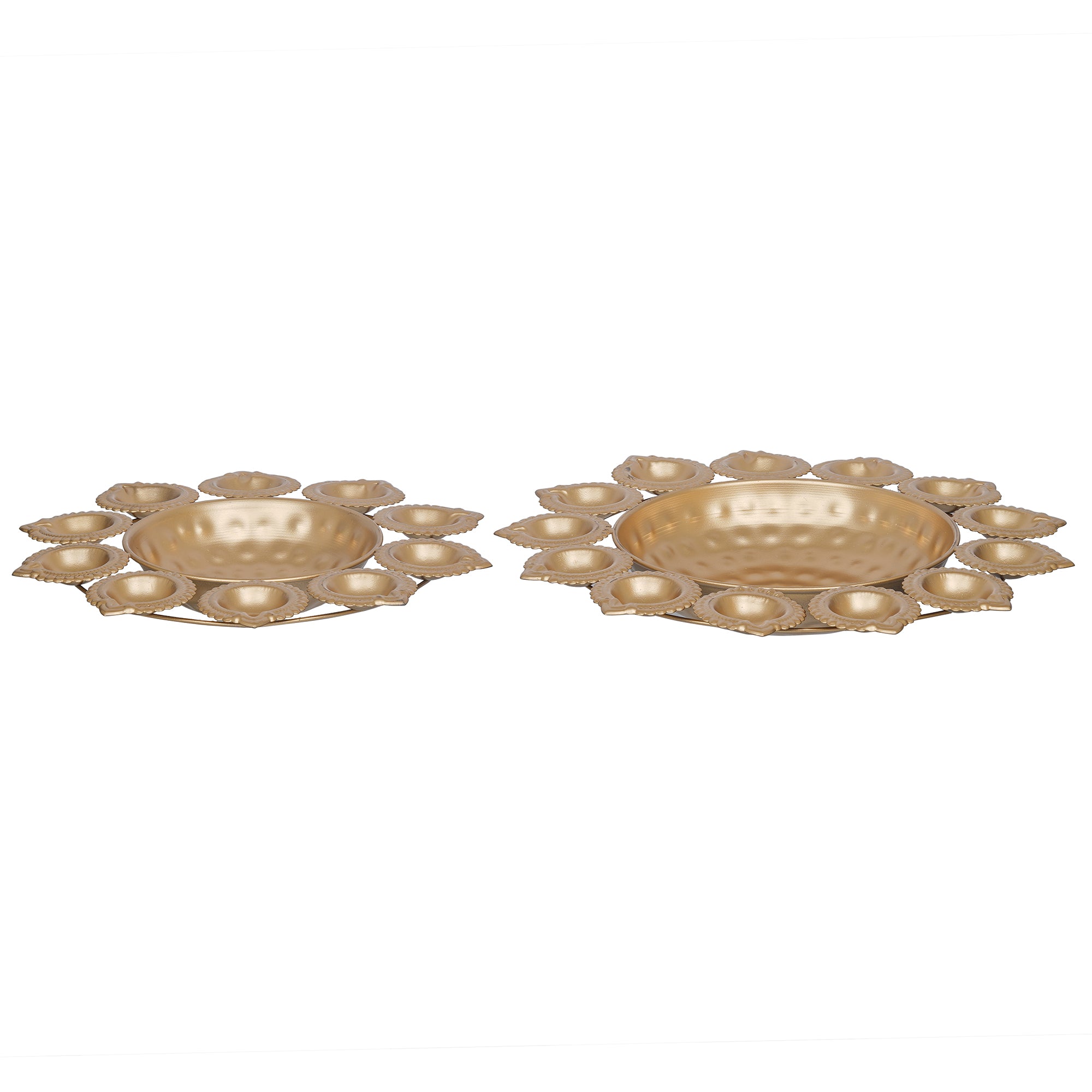 eCraftIndia Set of 2 Golden Metal Handcrafted Flower Shape Designer Urlis with Diyas 6