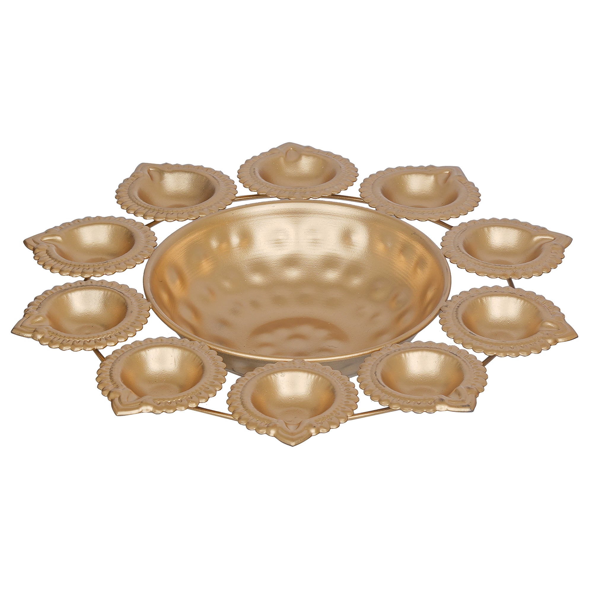 eCraftIndia Golden Metal Handcrafted Designer Urli with 10 Diyas 3