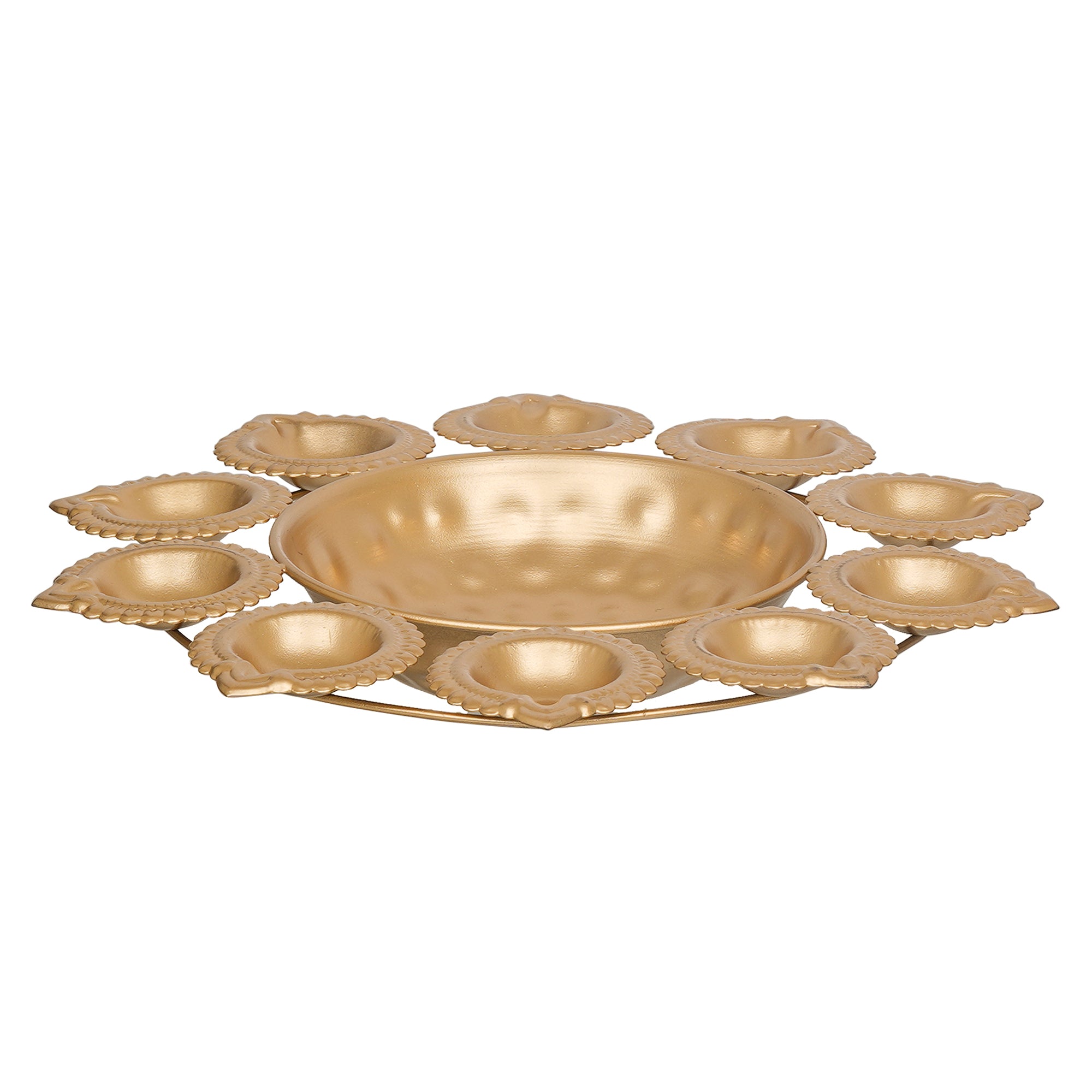 eCraftIndia Golden Metal Handcrafted Designer Urli with 10 Diyas 7