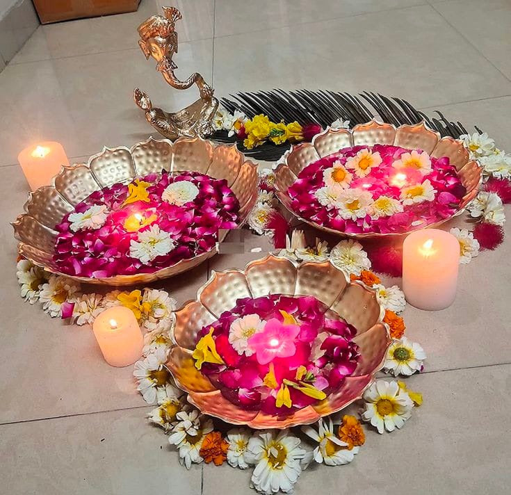 eCraftIndia Set of 3 Golden Metal Handcrafted Traditional Lotus Flower Shape Designer Urlis