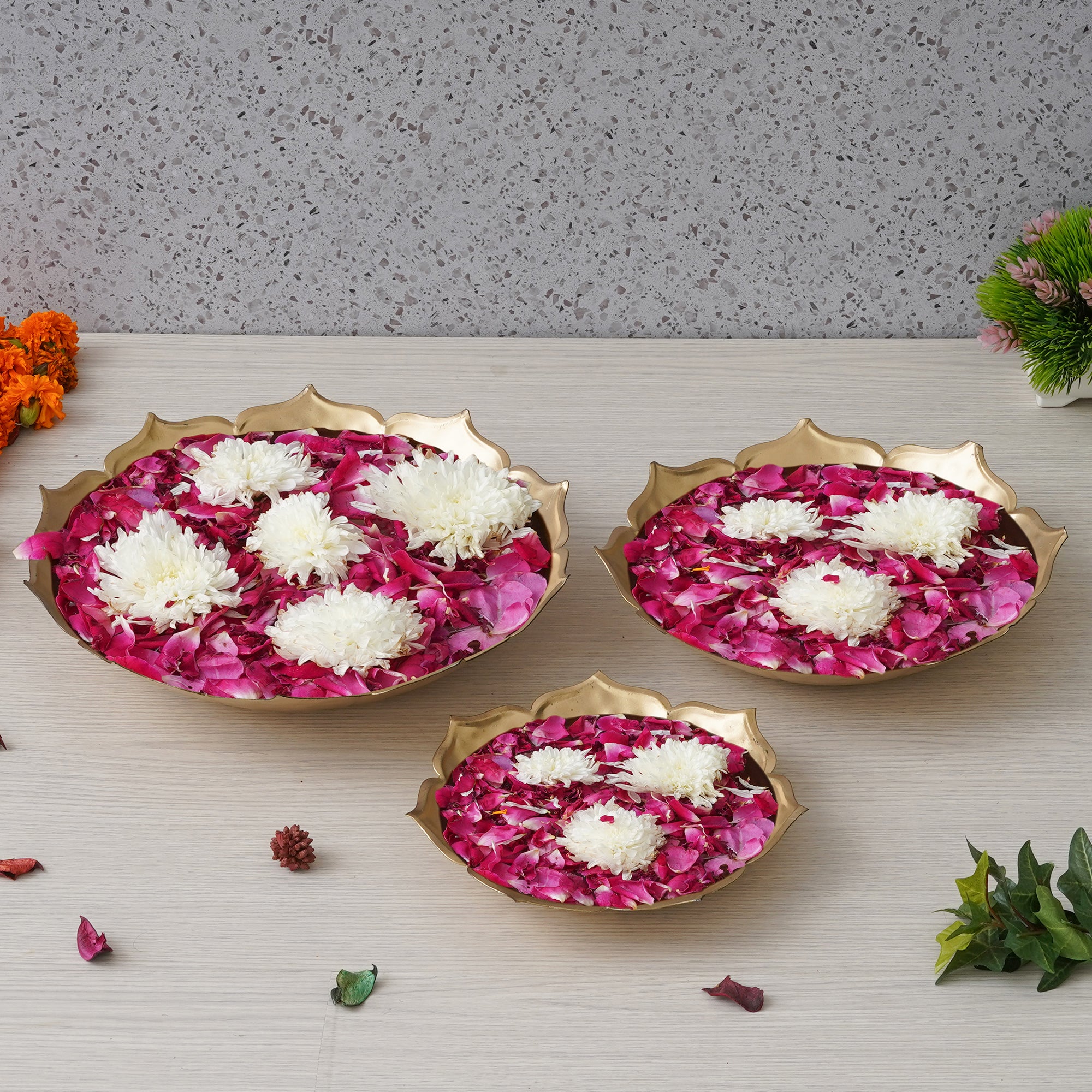 eCraftIndia Set of 3 Golden Metal Handcrafted Traditional Lotus Flower Shape Designer Urlis 2