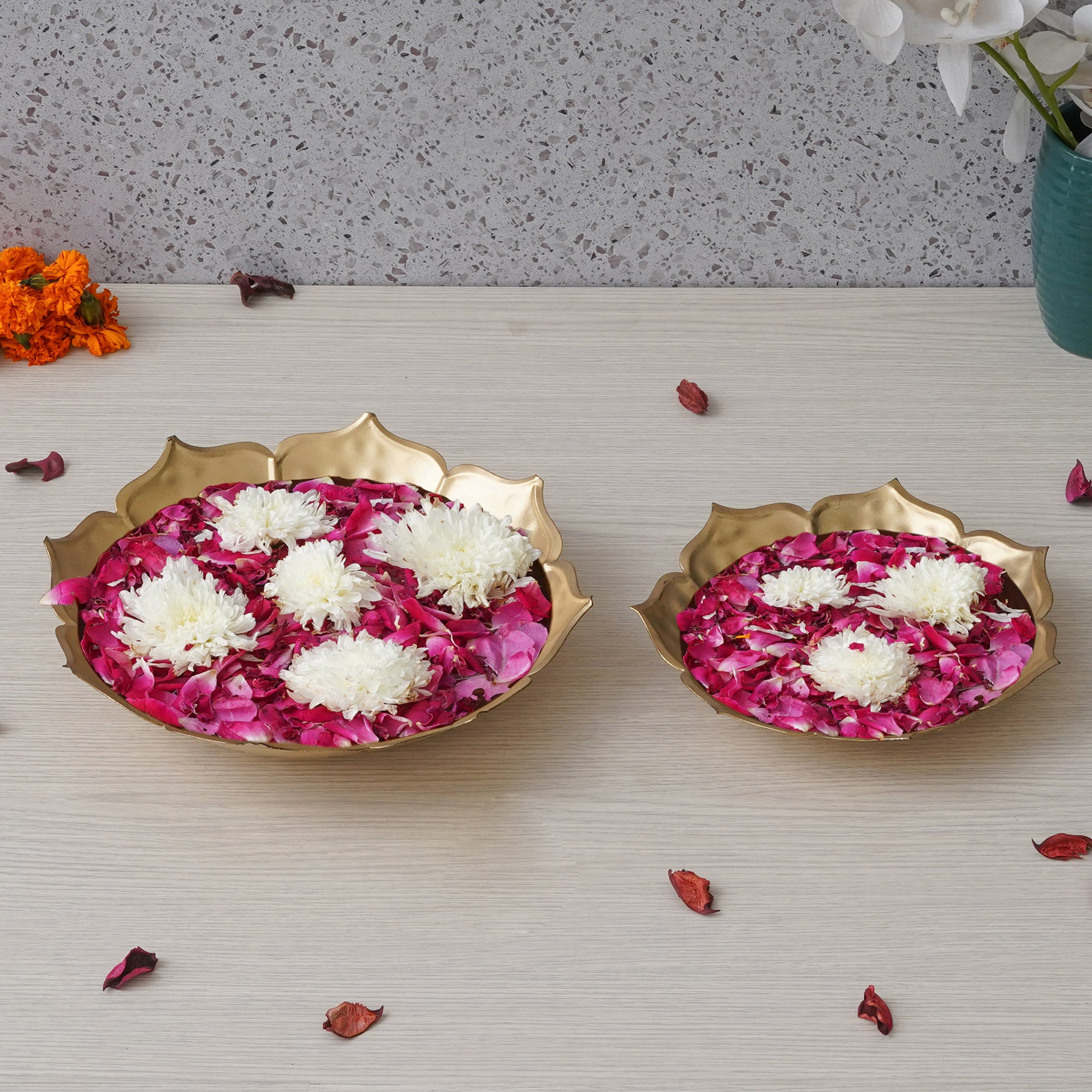 eCraftIndia Set of 2 Golden Metal Handcrafted Traditional Lotus Flower Designer Urli 1