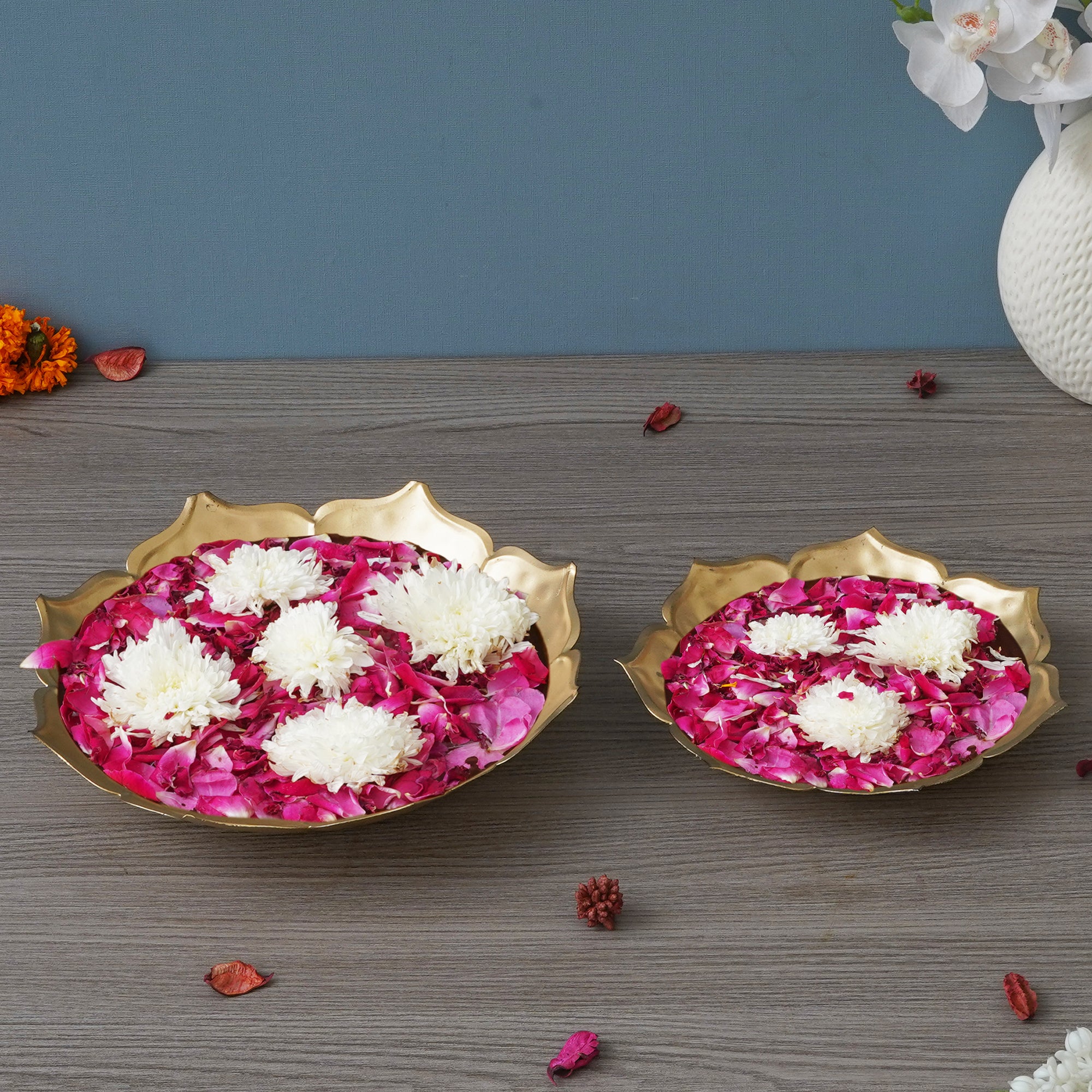 eCraftIndia Set of 2 Golden Metal Handcrafted Traditional Lotus Flower Designer Urli