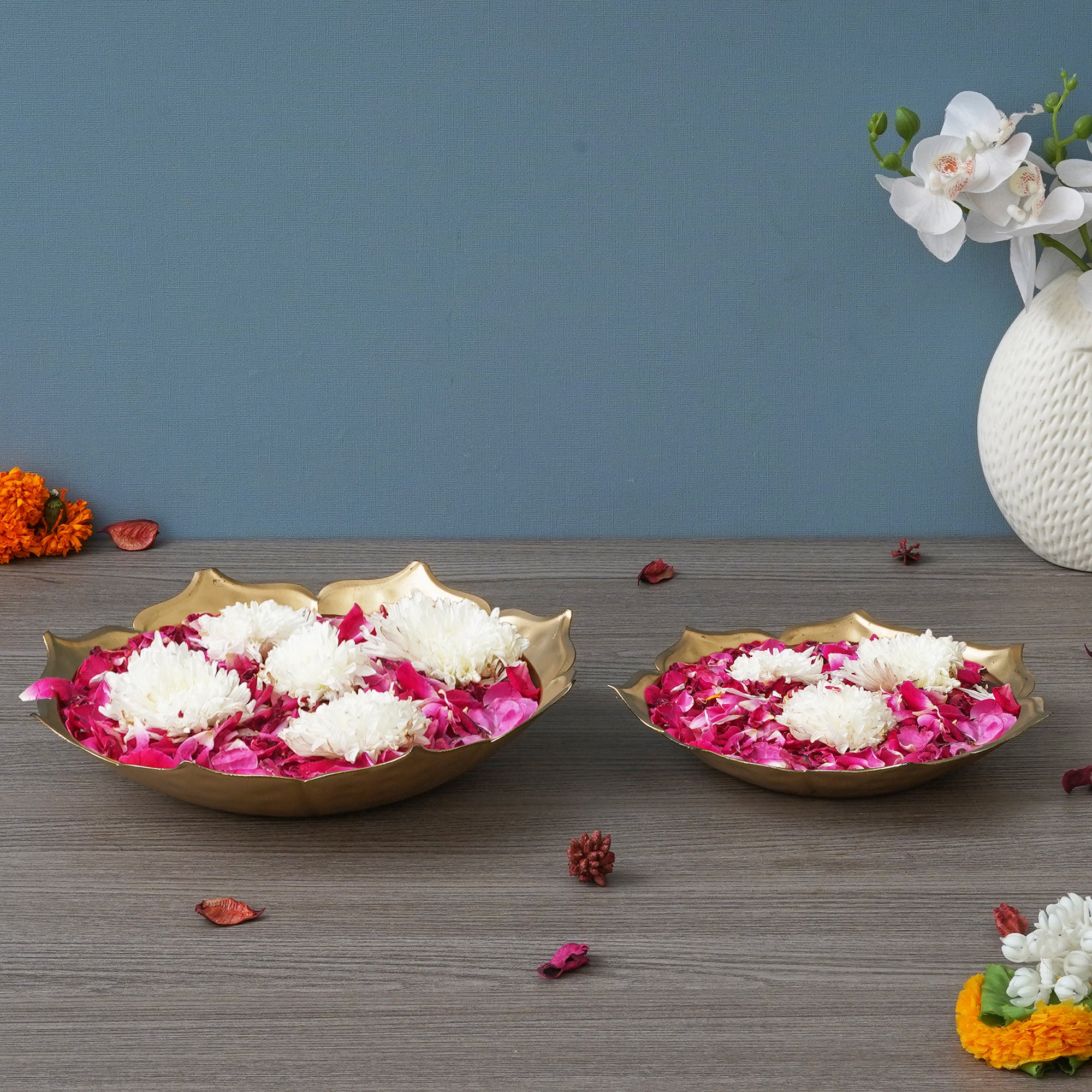 eCraftIndia Set of 2 Golden Metal Handcrafted Traditional Lotus Flower Designer Urli 4