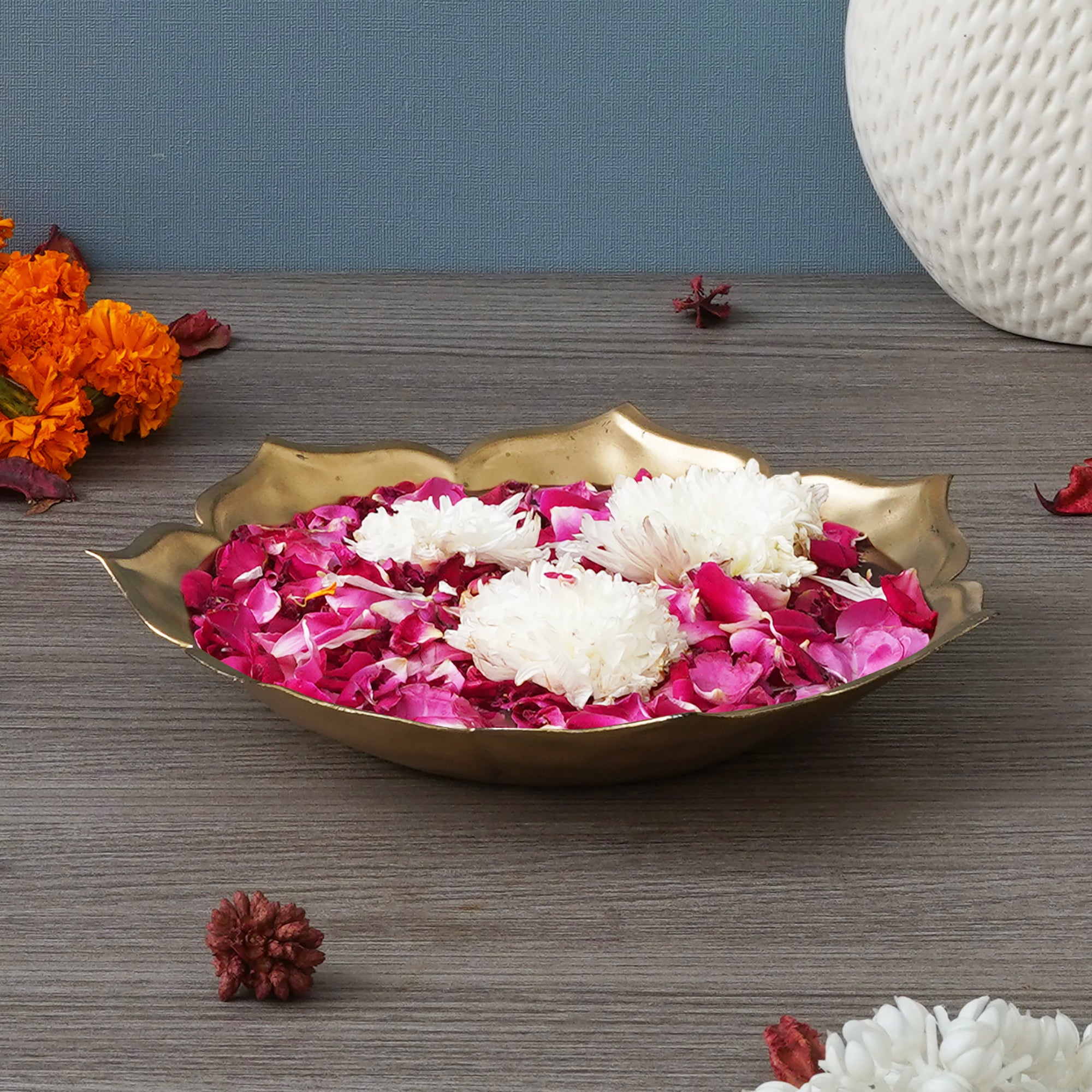 eCraftIndia Golden Metal Handcrafted Traditional Lotus Flower Shape Designer Urli 4