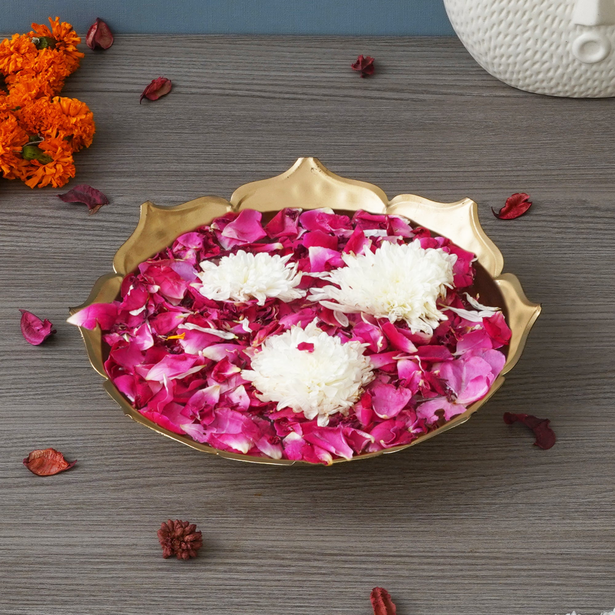 eCraftIndia Golden Metal Handcrafted Traditional Lotus Flower Shape Designer Urli