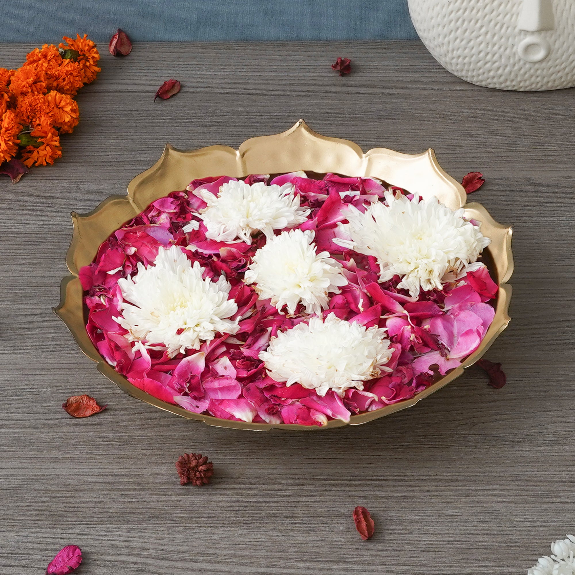 eCraftIndia Golden Metal Handcrafted Lotus Flower Shape Designer Urli