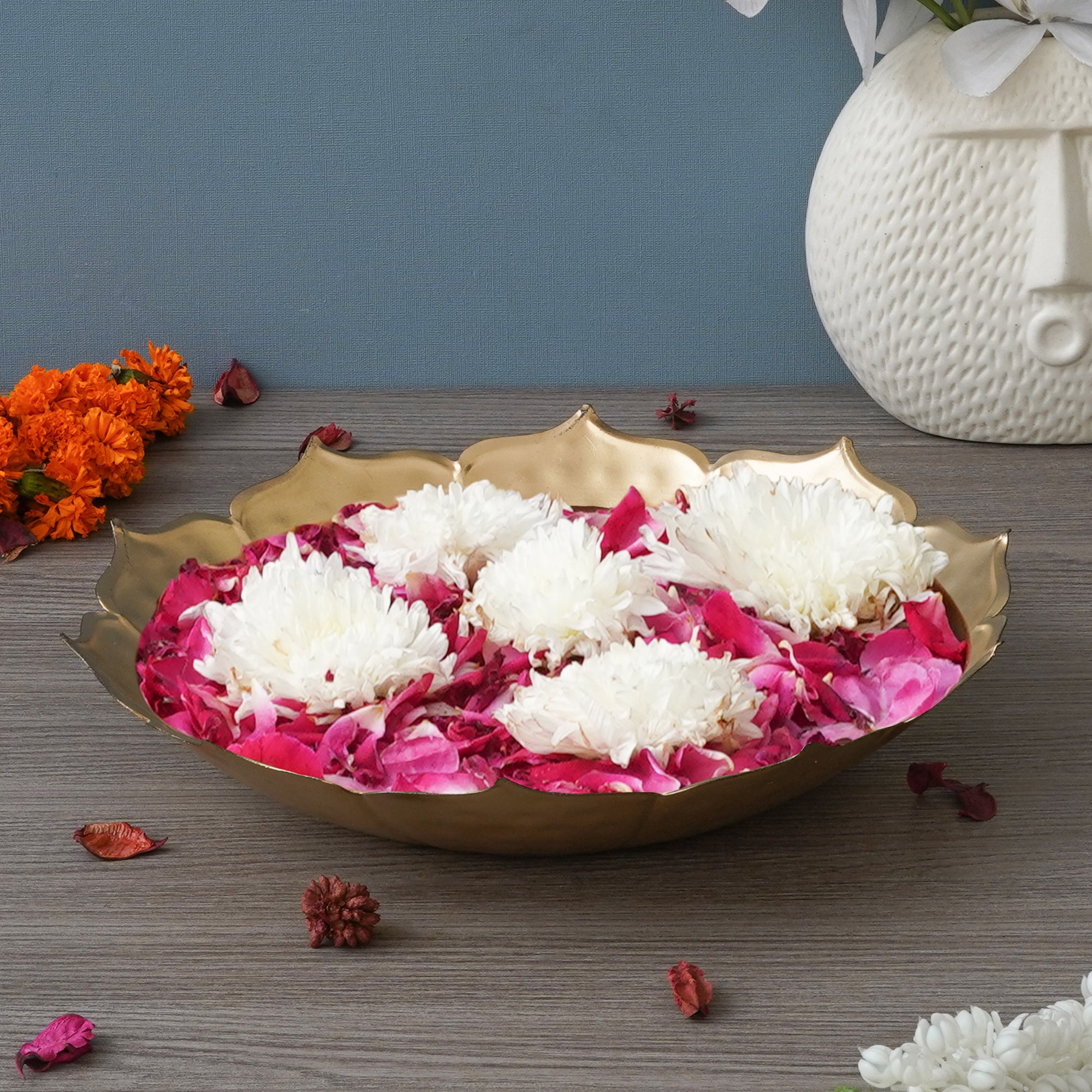 eCraftIndia Golden Metal Handcrafted Lotus Flower Shape Designer Urli 4