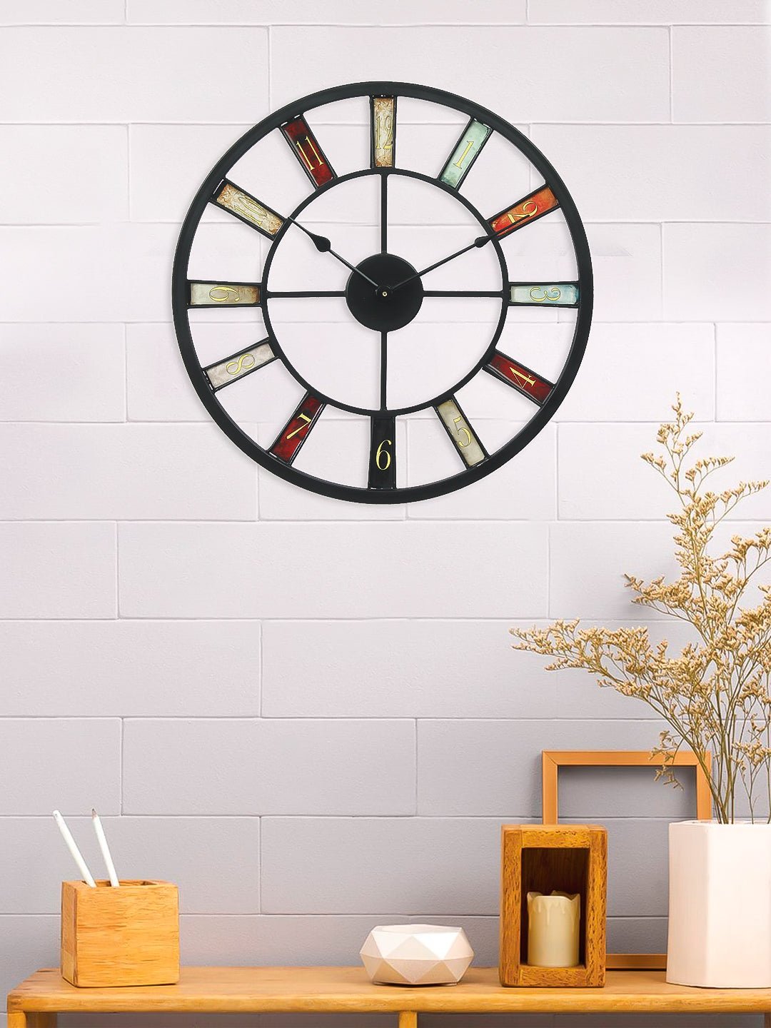 Multicolor Iron Round Handcrafted Analog Wall Clock Without Glass