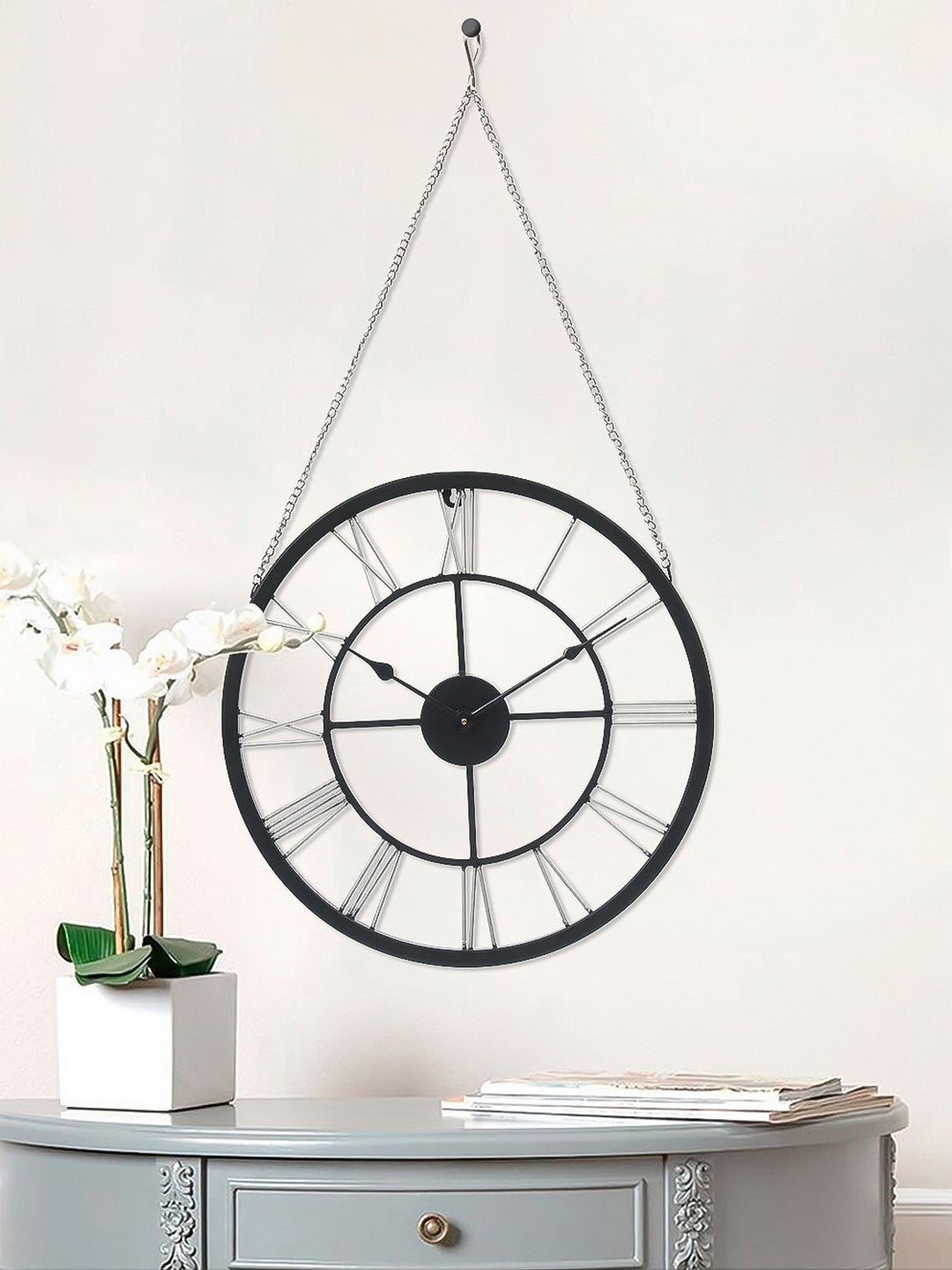 Round Black Iron Roman Numeral Handcrafted Analog Wall Clock With Hanging Chain 2