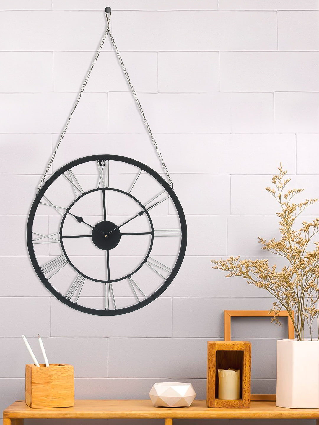Round Black Iron Roman Numeral Handcrafted Analog Wall Clock With Hanging Chain 1