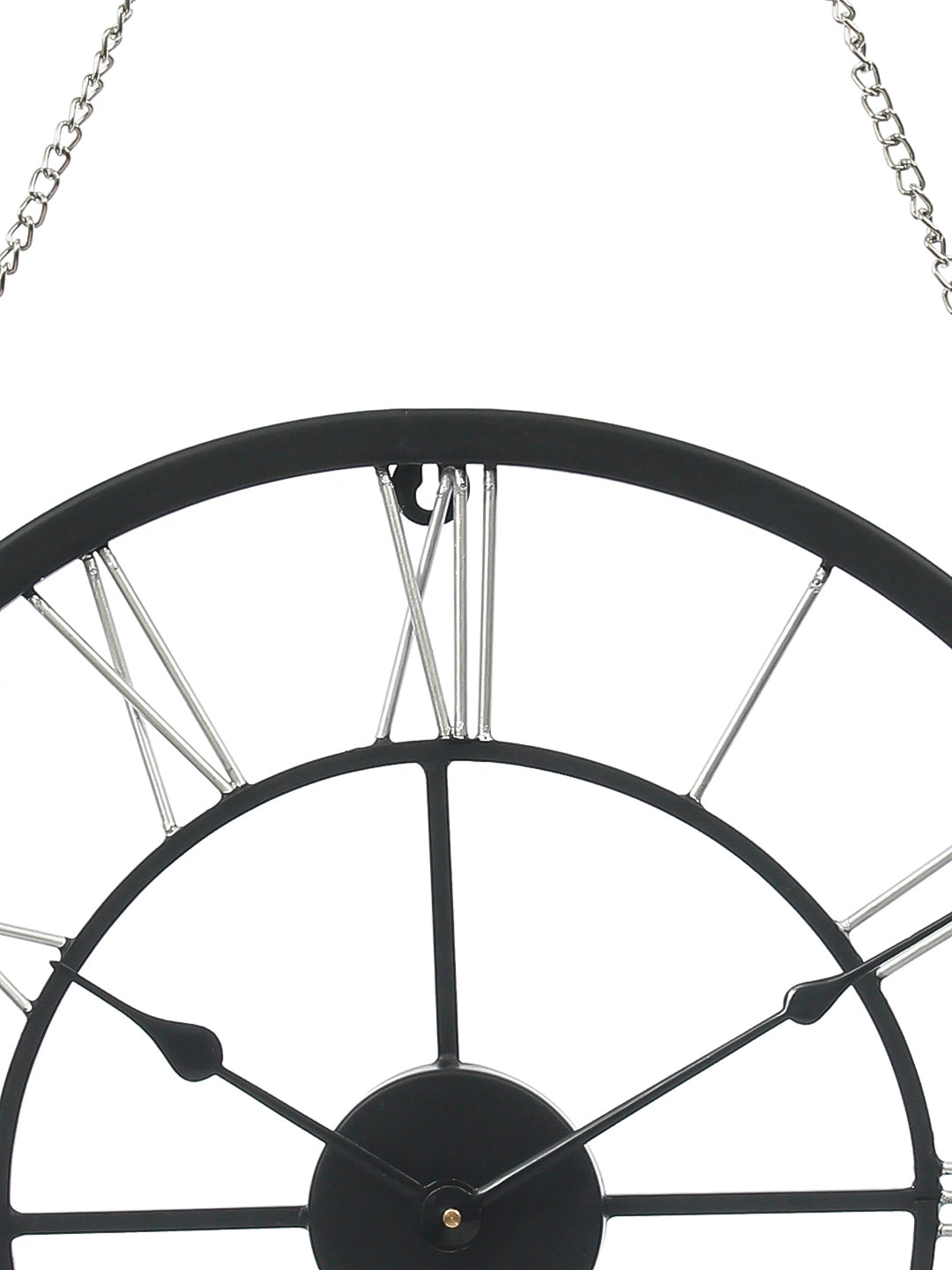 Round Black Iron Roman Numeral Handcrafted Analog Wall Clock With Hanging Chain 4