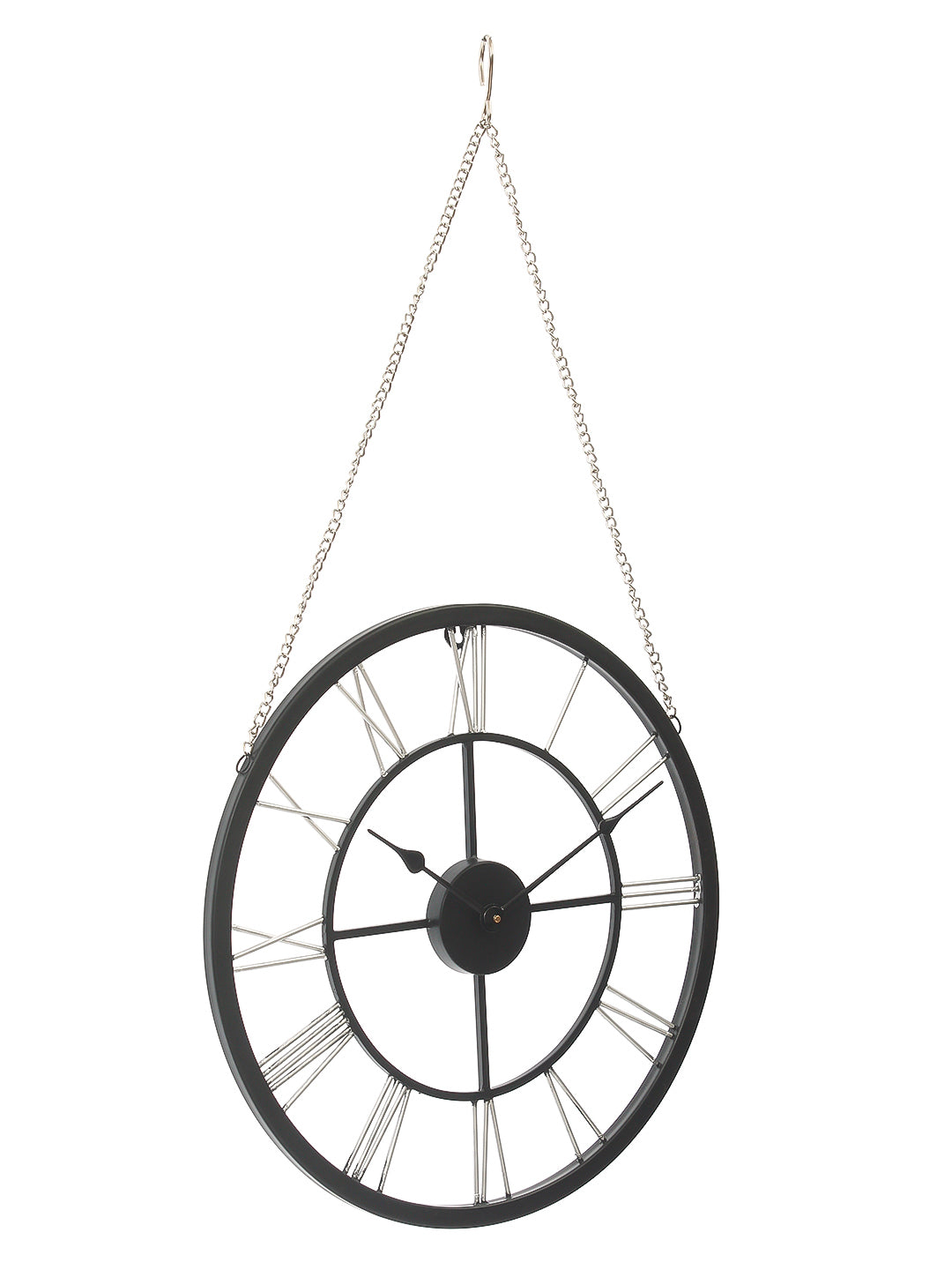 Round Black Iron Roman Numeral Handcrafted Analog Wall Clock With Hanging Chain 5