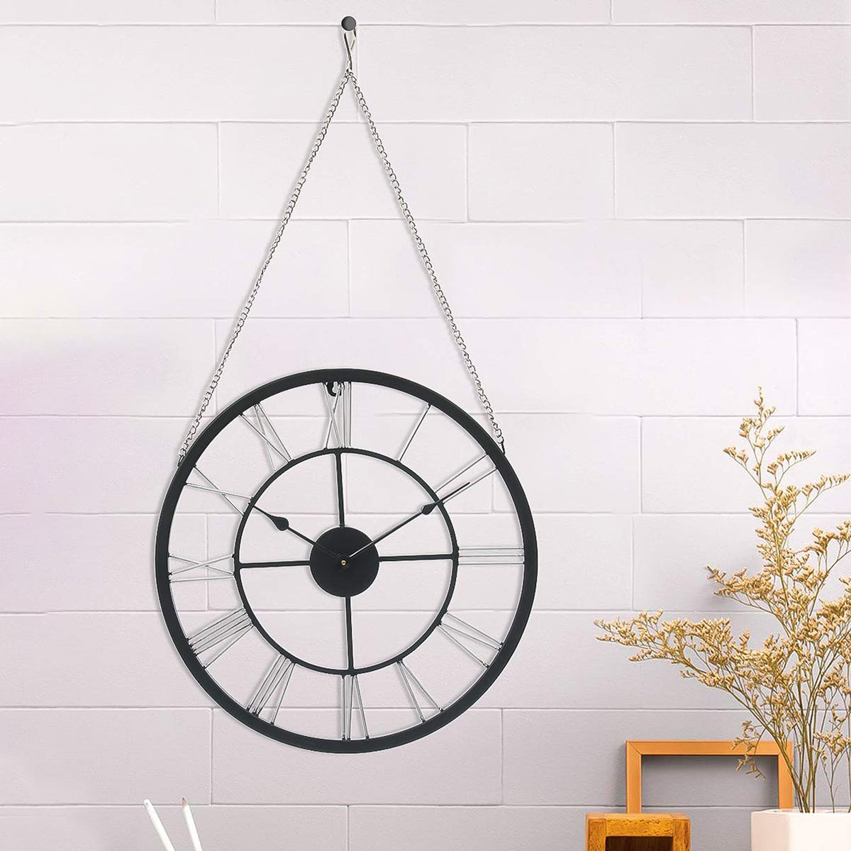 Round Black Handcrafted Roman Numeral Designer Iron Wall Hanging Clock 2