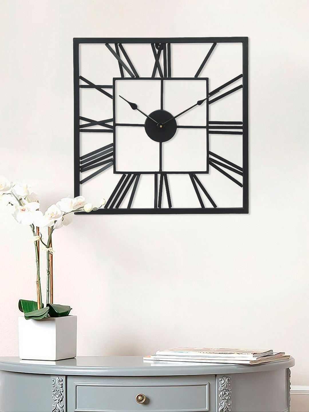 Black Iron Square Handcrafted Analog Roman Numeral Wall Clock Without Glass 2