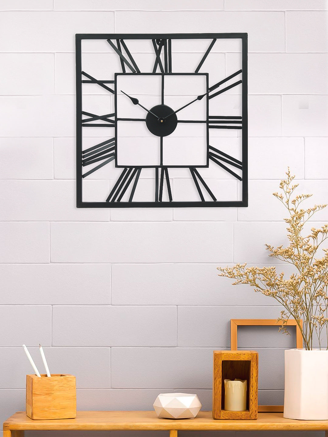 Black Iron Square Handcrafted Analog Roman Numeral Wall Clock Without Glass 1