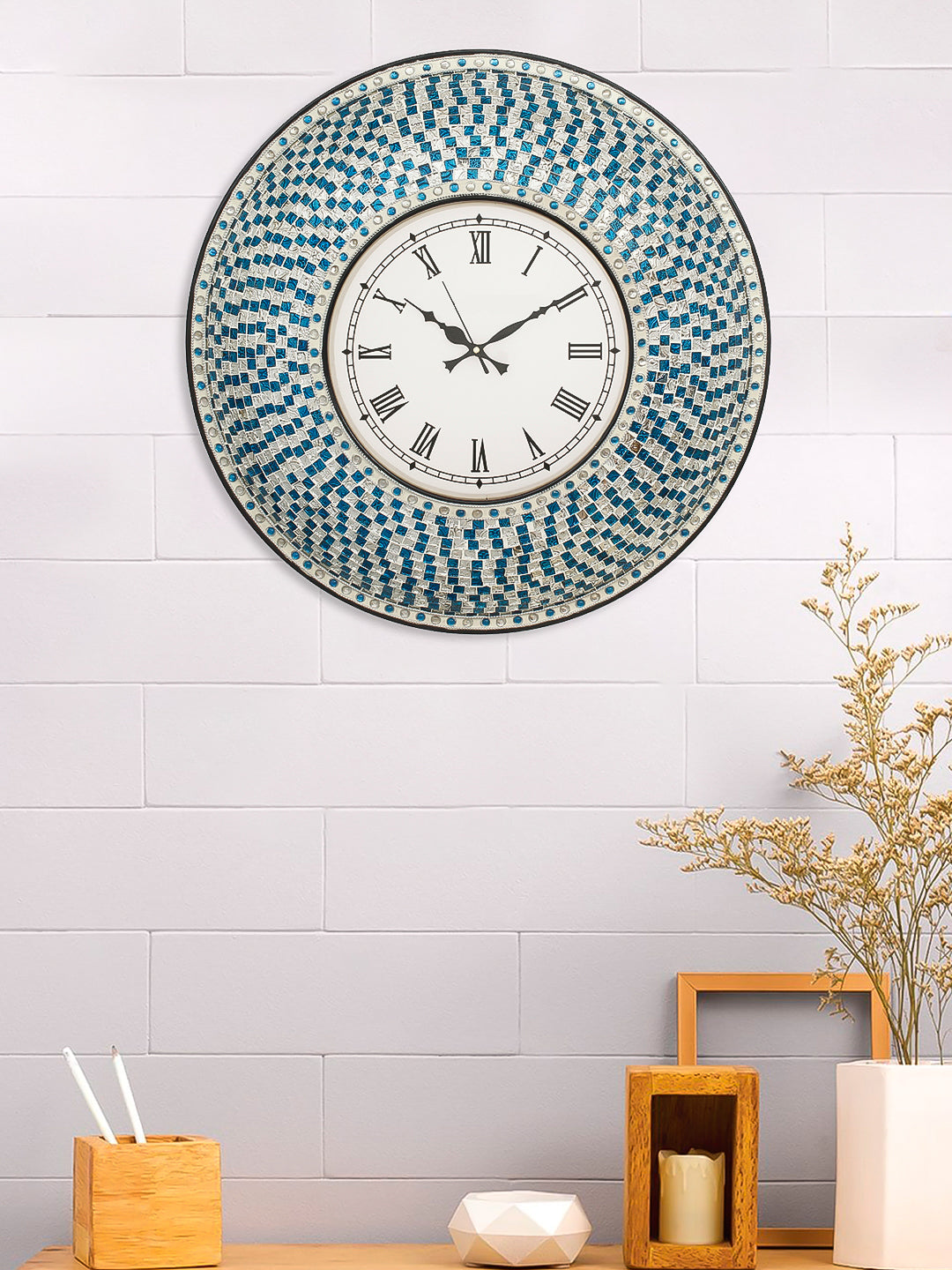 Blue Mosaic Glass & Wood Round Handcrafted Analog Ethnic Luxury Roman Numeral Wall Clock 1