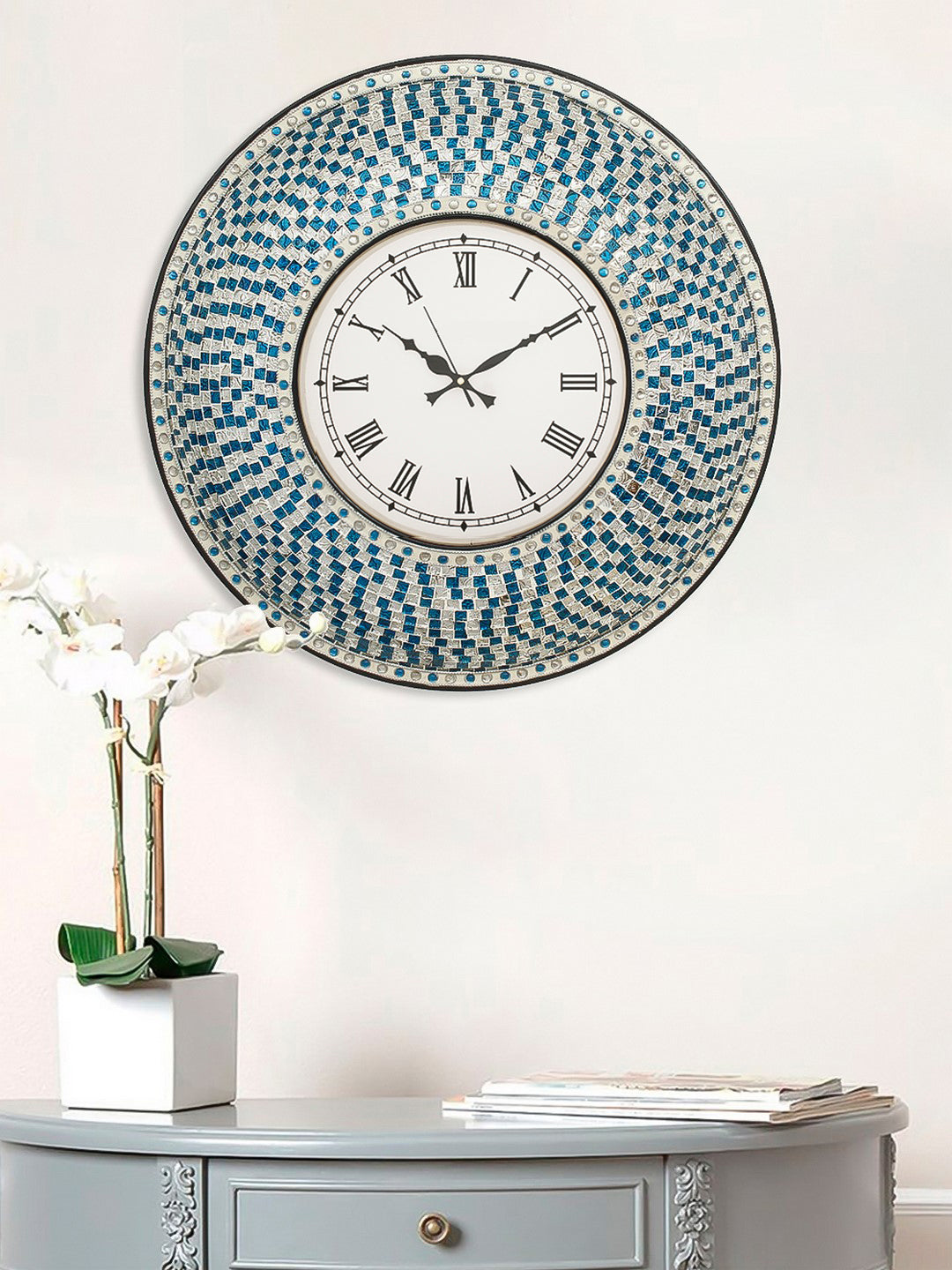 Blue Mosaic Glass & Wood Round Handcrafted Analog Ethnic Luxury Roman Numeral Wall Clock 2
