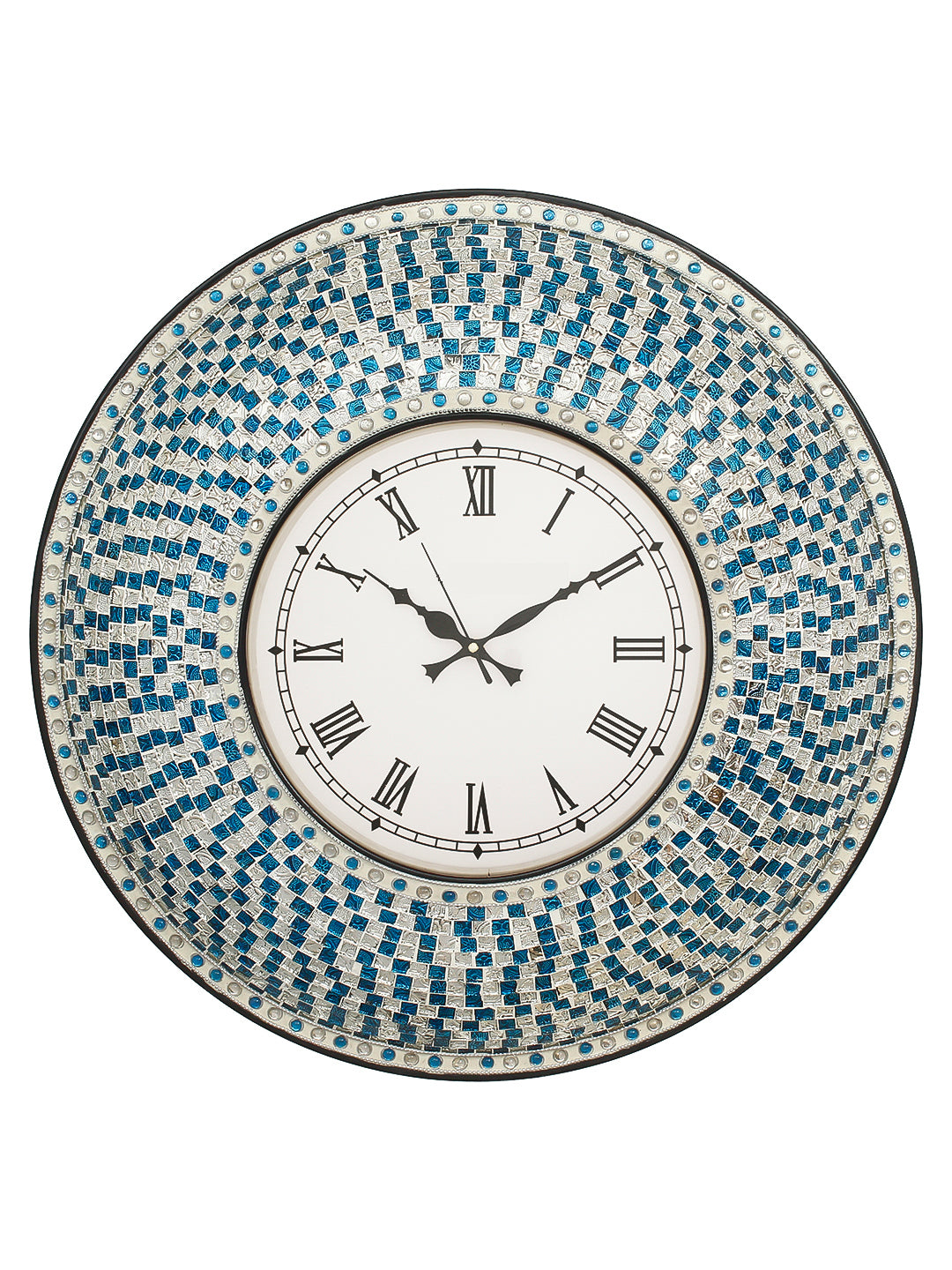 Blue Mosaic Glass & Wood Round Handcrafted Analog Ethnic Luxury Roman Numeral Wall Clock
