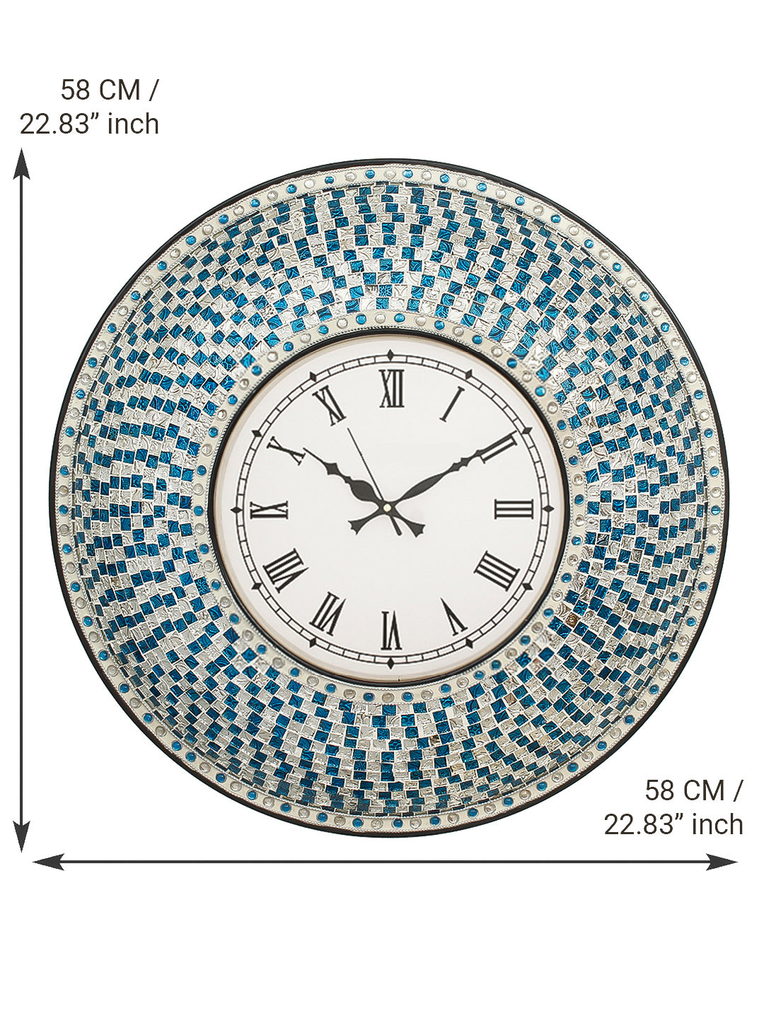 Blue Mosaic Glass & Wood Round Handcrafted Analog Ethnic Luxury Roman Numeral Wall Clock 3