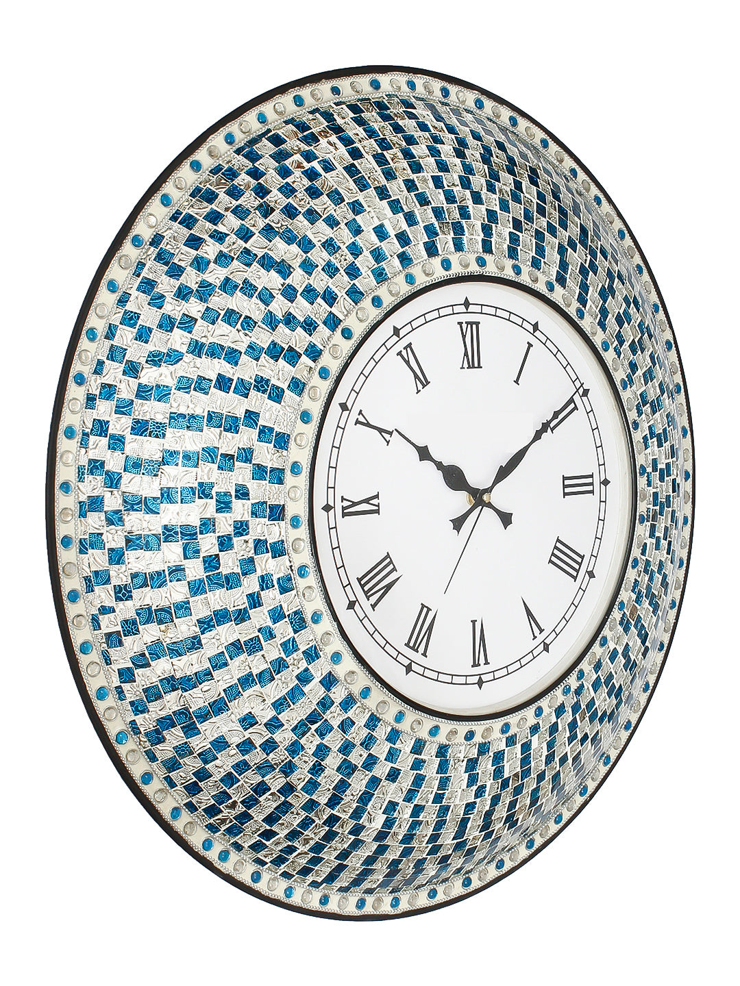 Blue Mosaic Glass & Wood Round Handcrafted Analog Ethnic Luxury Roman Numeral Wall Clock 4