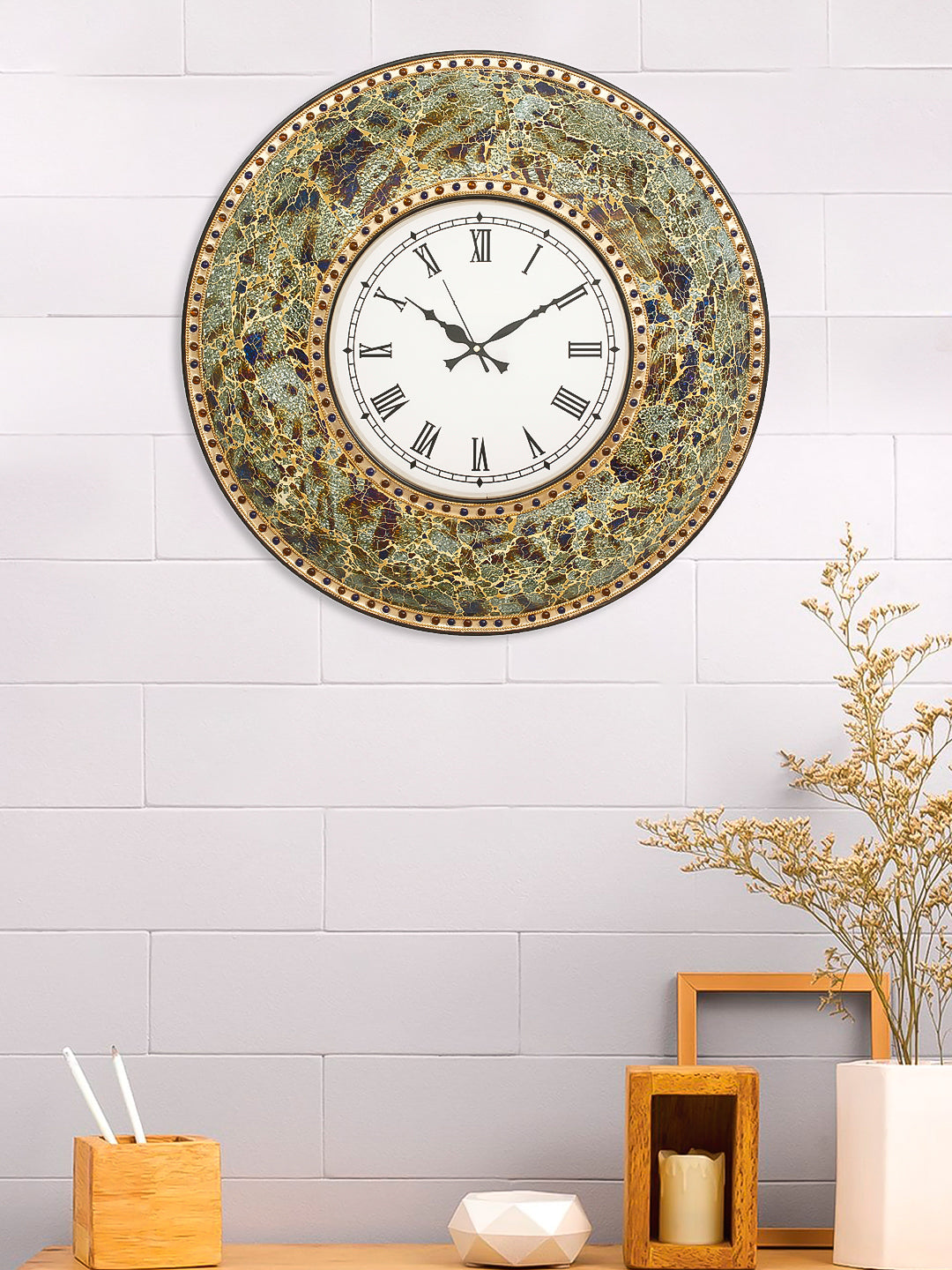 Multicolor Mosaic Glass & Wood Round Handcrafted Analog Ethnic Luxury Roman Numeral Wall Clock 1