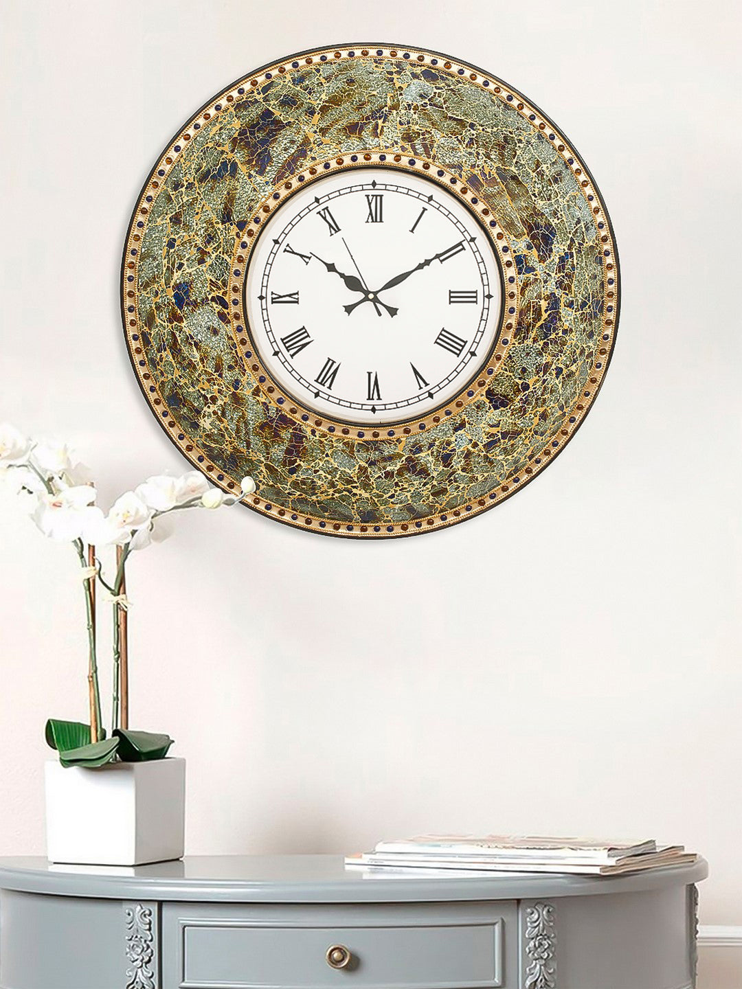 Multicolor Mosaic Glass & Wood Round Handcrafted Analog Ethnic Luxury Roman Numeral Wall Clock 2