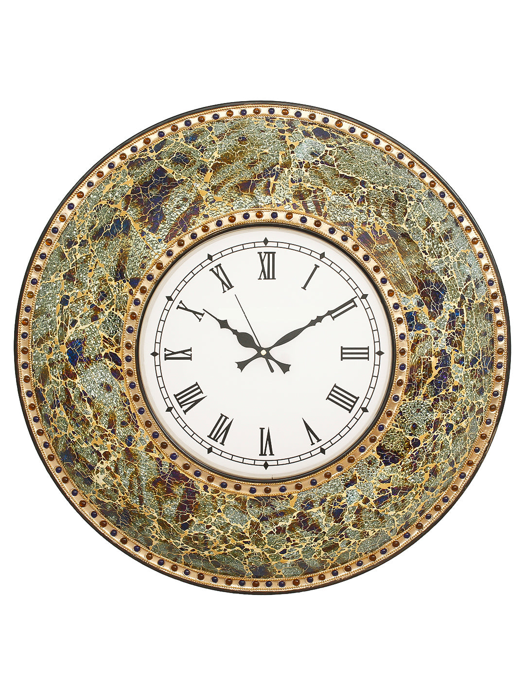 Multicolor Mosaic Glass & Wood Round Handcrafted Analog Ethnic Luxury Roman Numeral Wall Clock