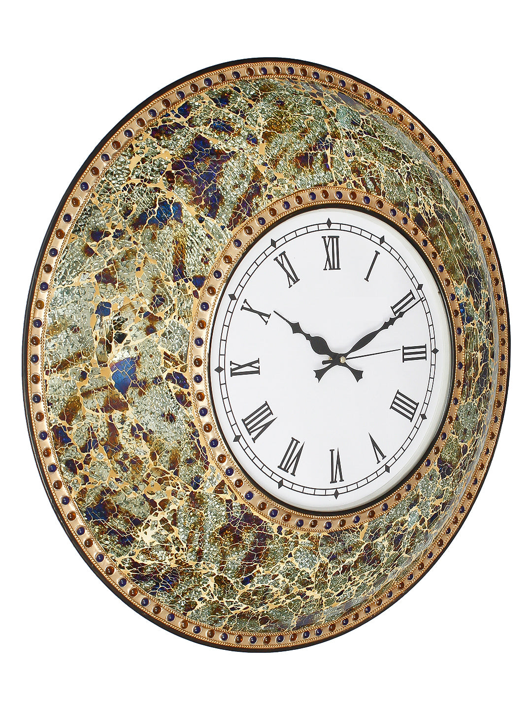 Multicolor Mosaic Glass & Wood Round Handcrafted Analog Ethnic Luxury Roman Numeral Wall Clock 4