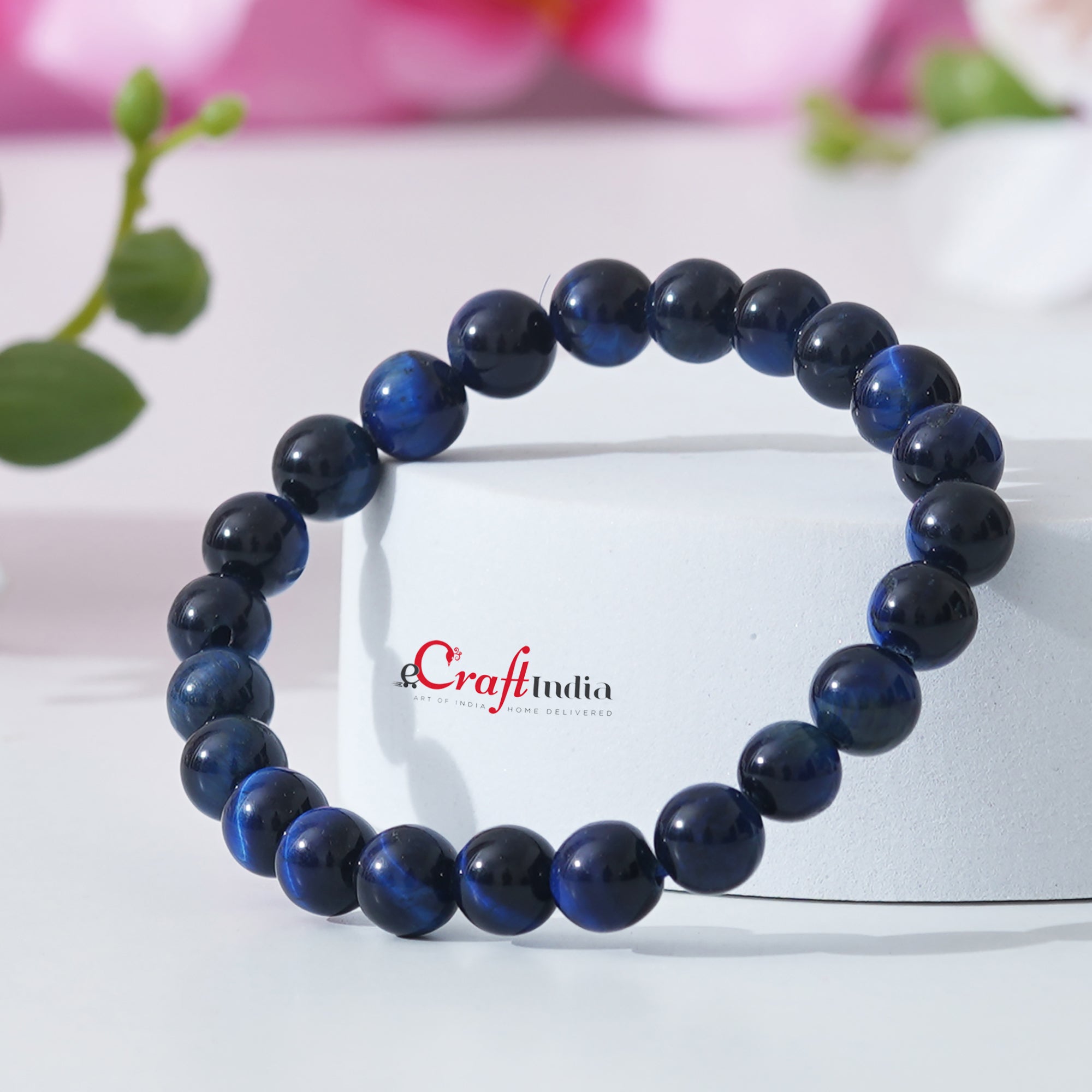 eCraftIndia Natural Blue Tiger Eye Crystal Gemstone Beaded Bracelet for Men and Women, 8 MM Beads