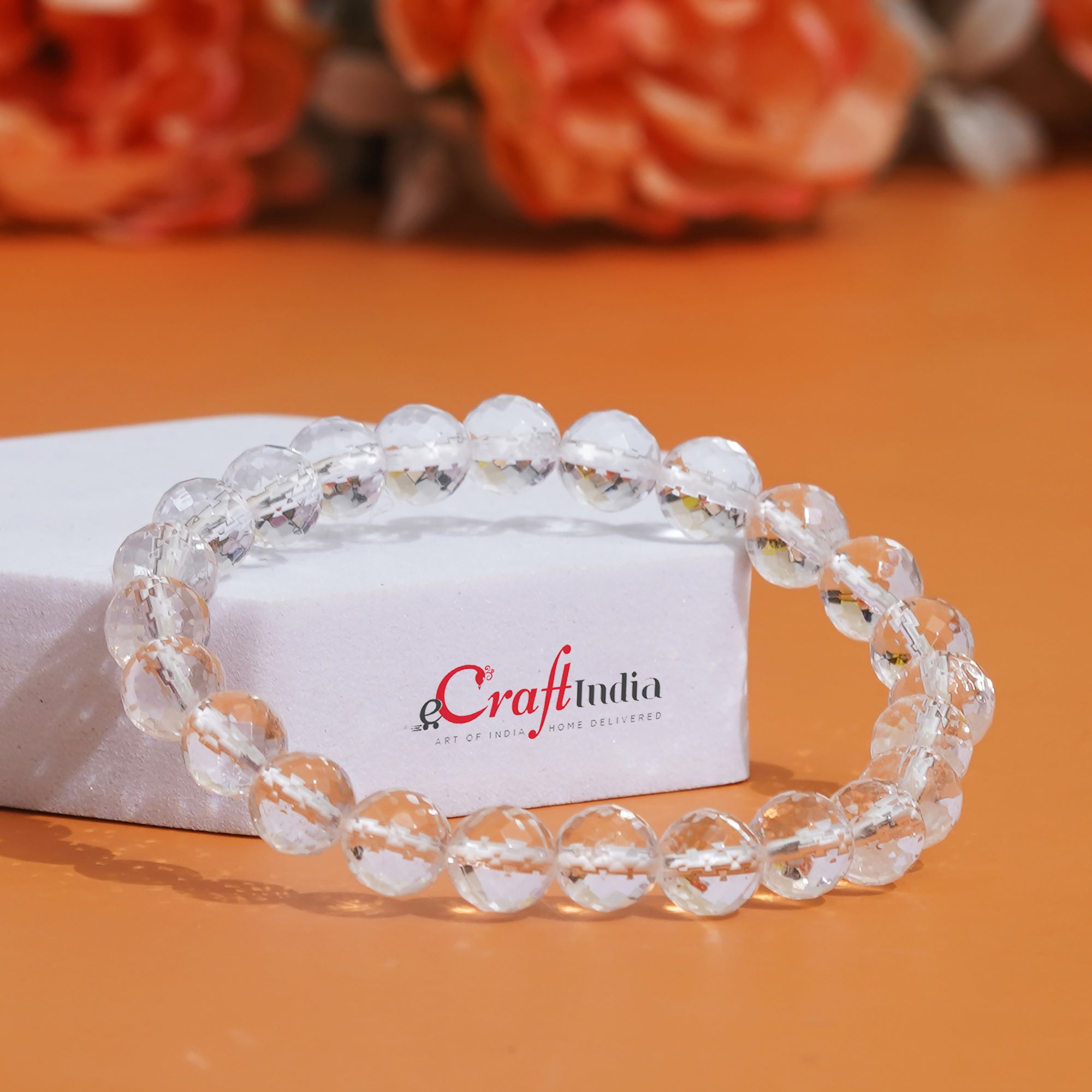 eCraftIndia White Clear Quartz Crystal Gemstone Beaded Bracelet for Men and Women, 8 MM Beads