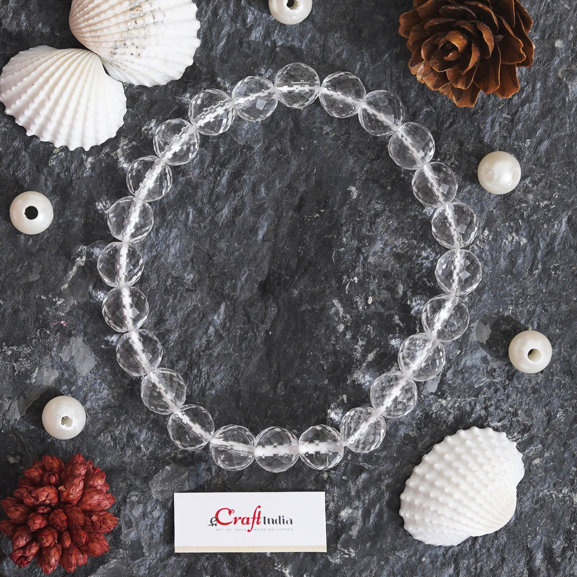 eCraftIndia White Clear Quartz Crystal Gemstone Beaded Bracelet for Men and Women, 8 MM Beads 1