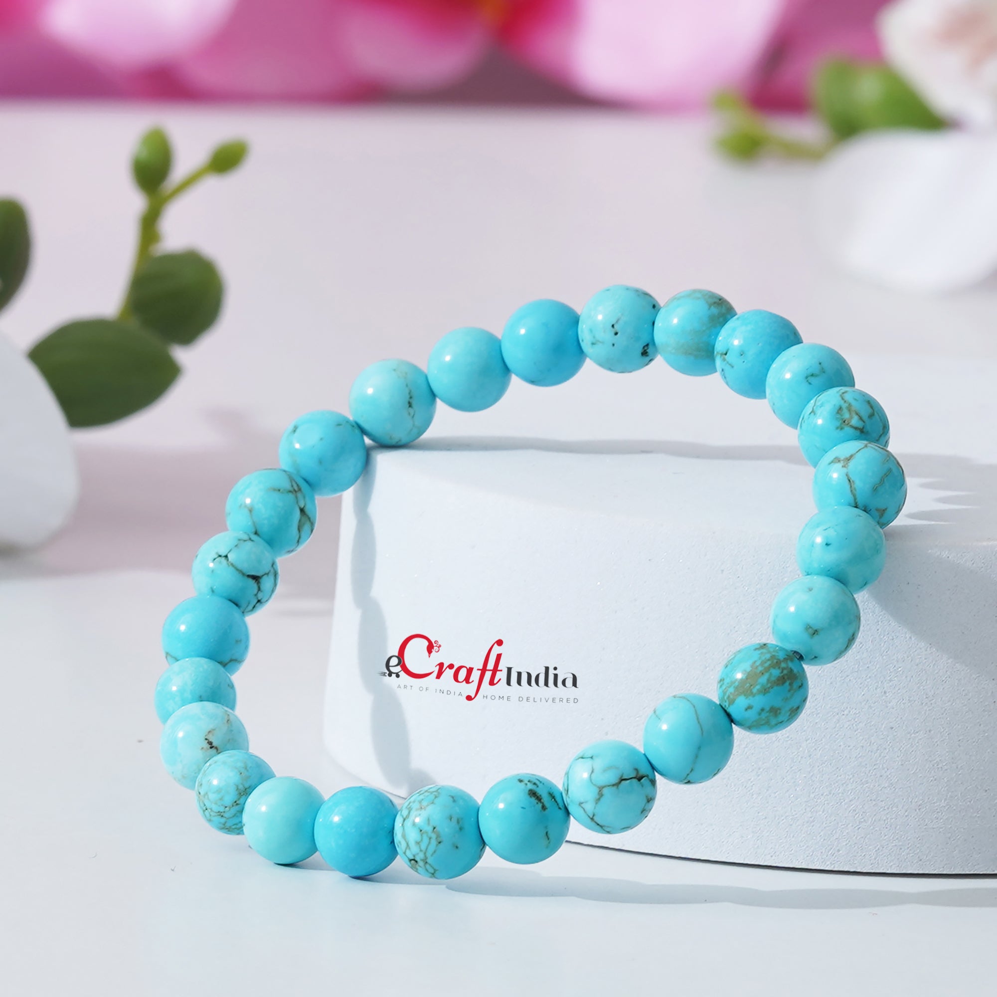 eCraftIndia Turquoise Feroza Crystal Gemstone Beaded Bracelet for Men and Women, 8 MM Beads