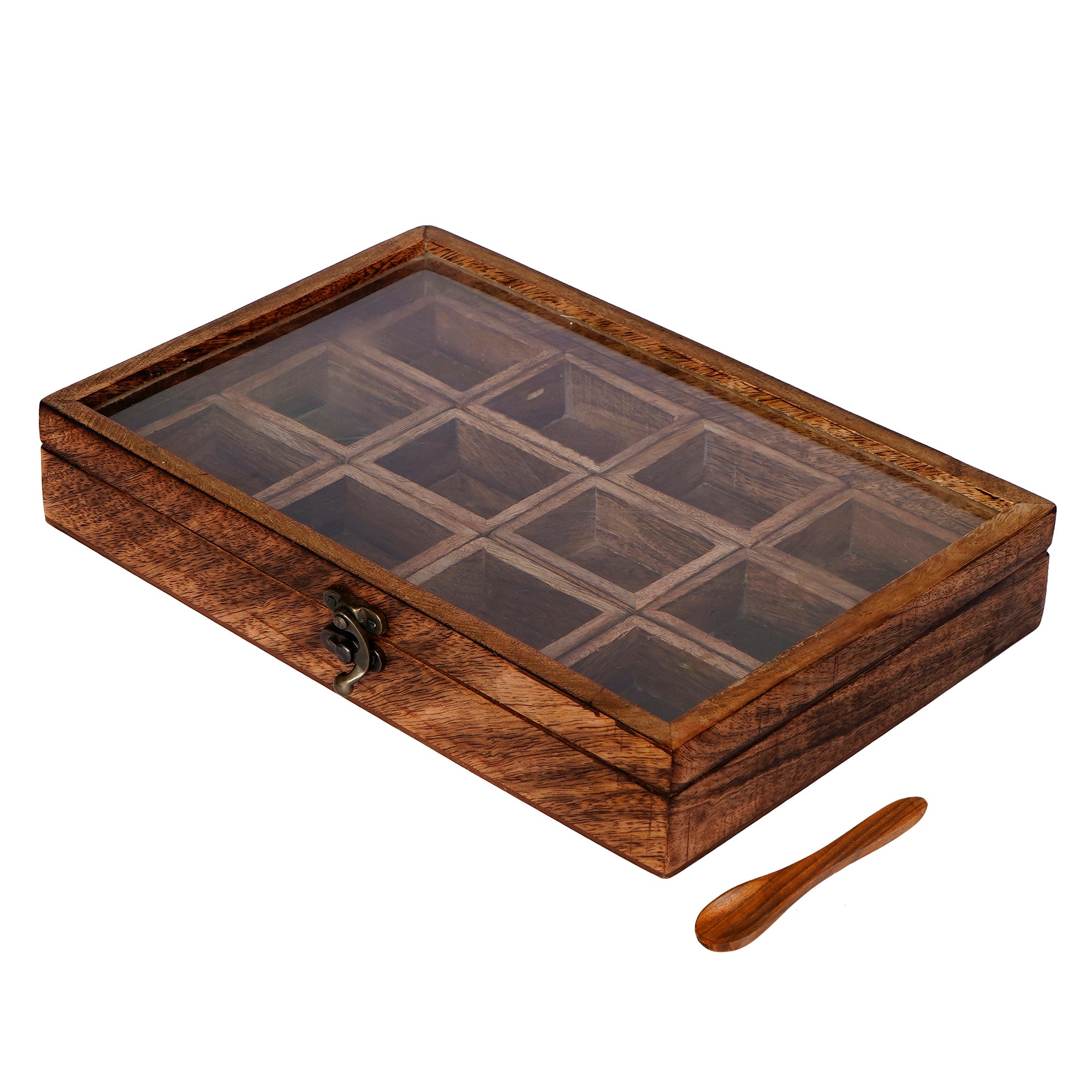 Brown 12 Compartments Rectangle Handcrafted Wooden Spice Box 2