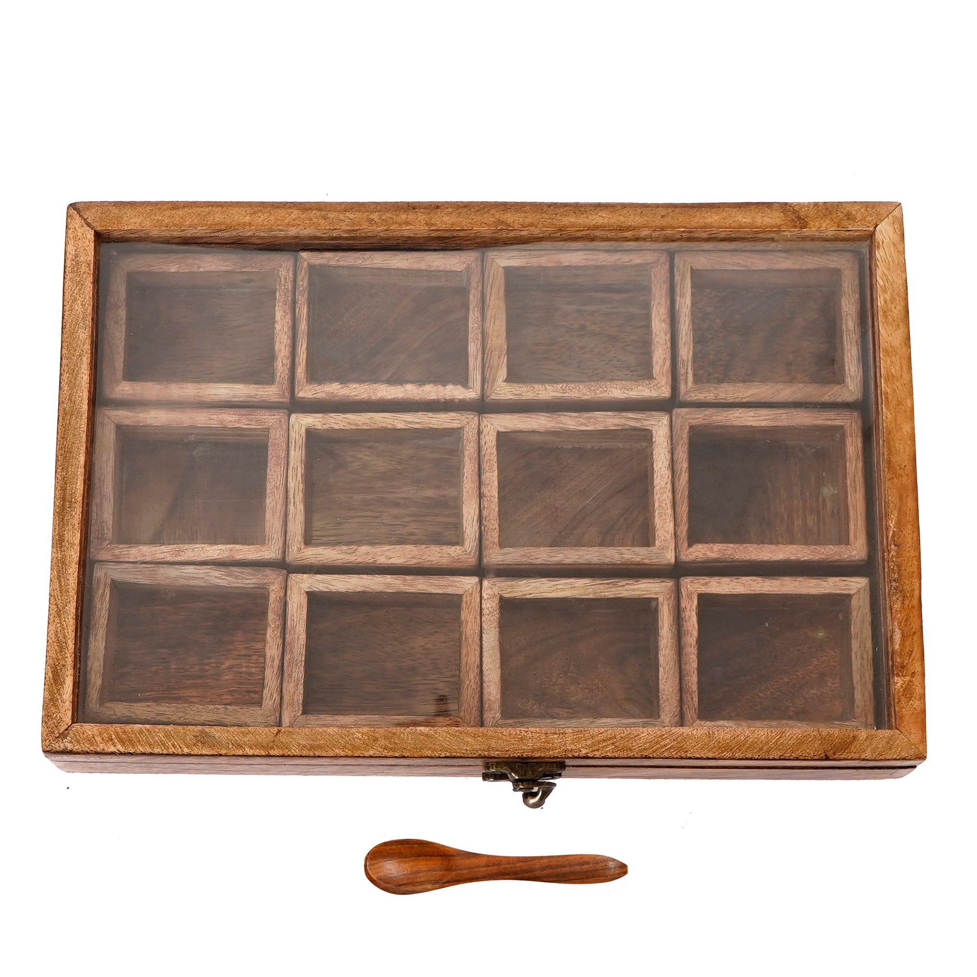 Brown 12 Compartments Rectangle Handcrafted Wooden Spice Box 5