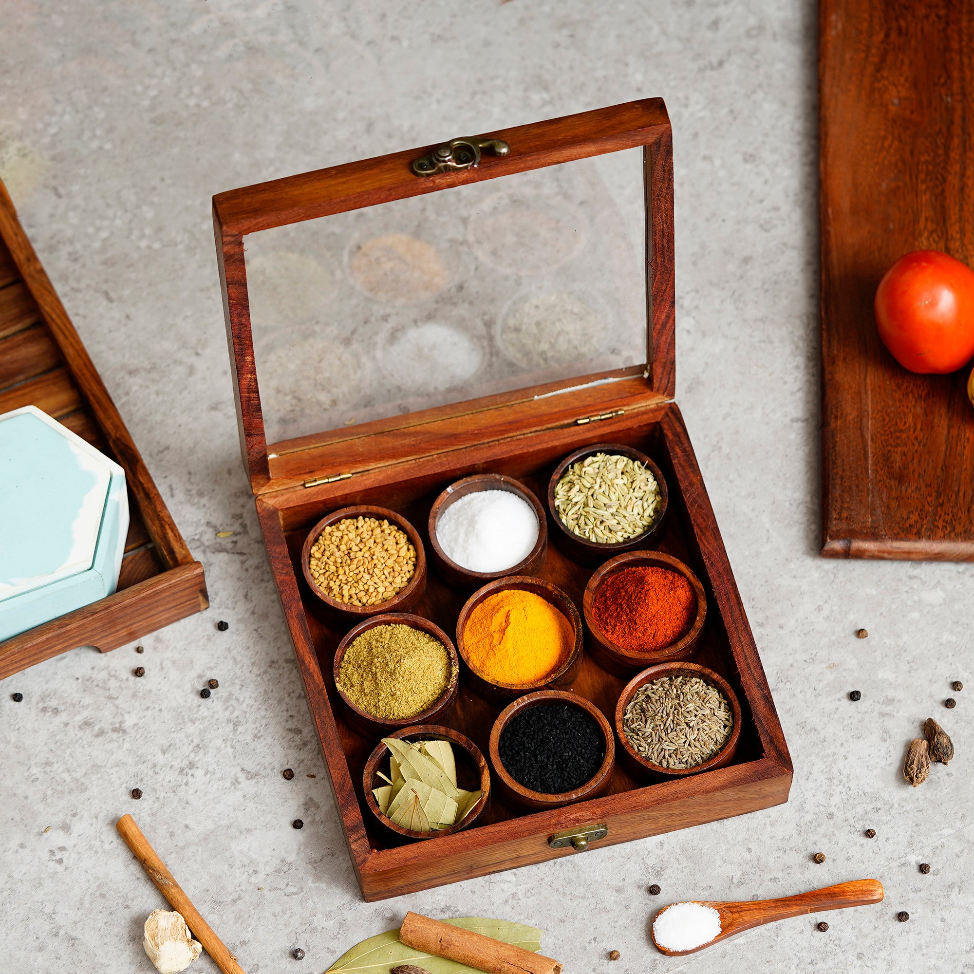 9 Round Compartments Handcrafted Wooden Spice Box - eCraftIndia Online