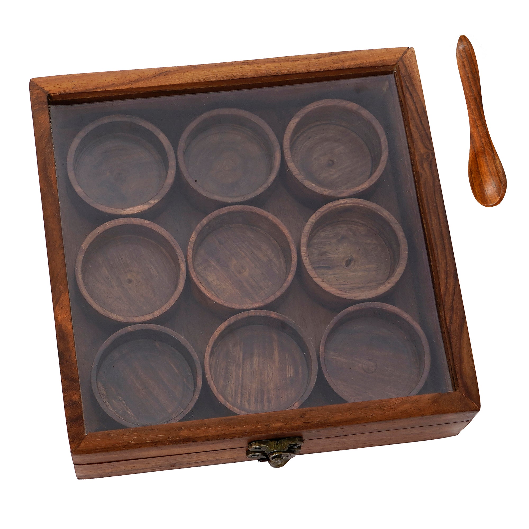 Brown 9 Round Compartments Handcrafted Wooden Spice Box 2