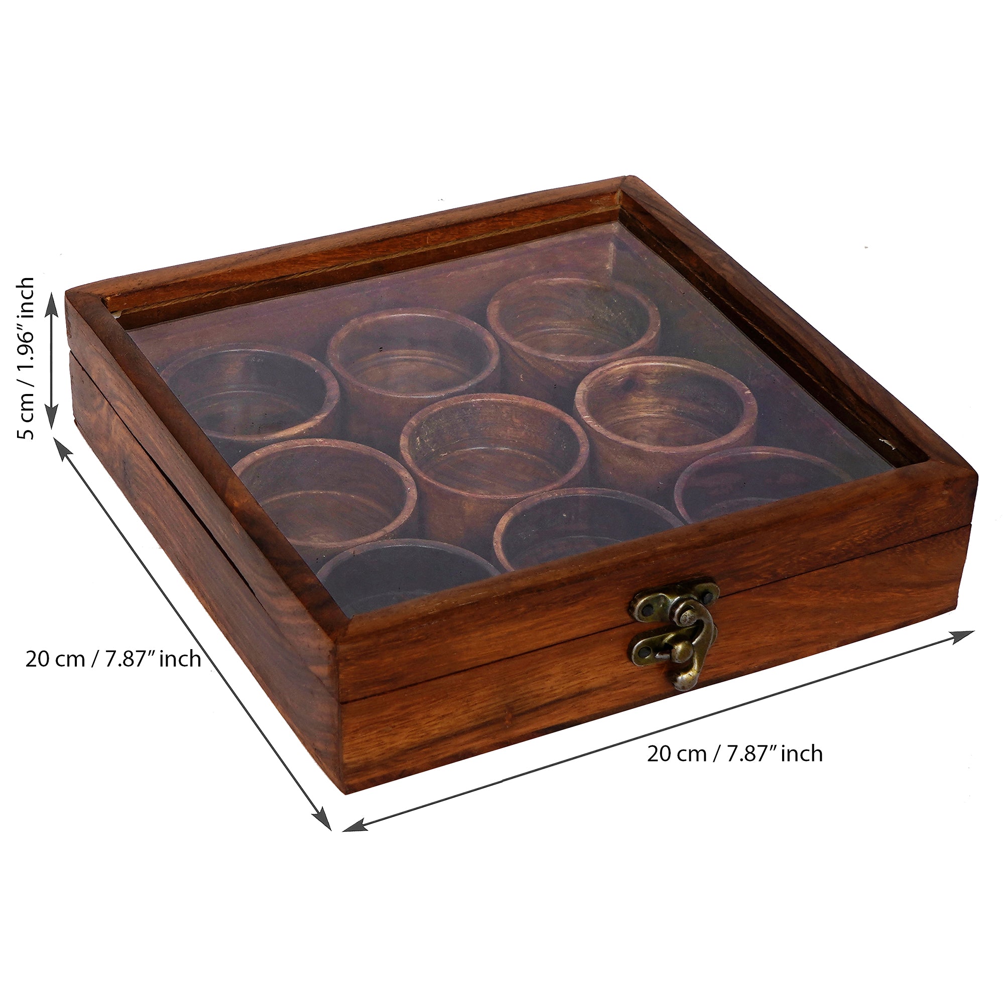 Brown 9 Round Compartments Handcrafted Wooden Spice Box 3