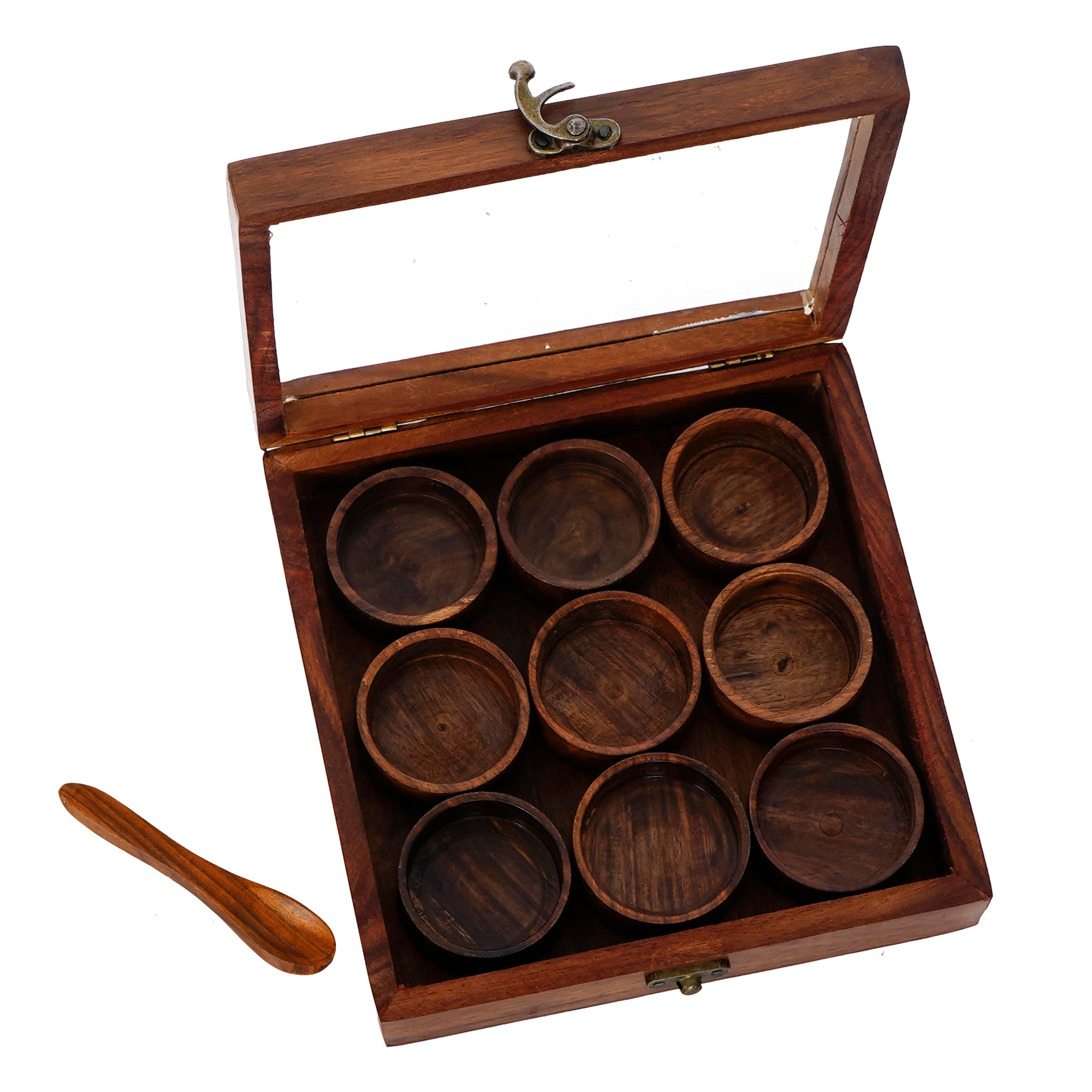 Brown 9 Round Compartments Handcrafted Wooden Spice Box 4