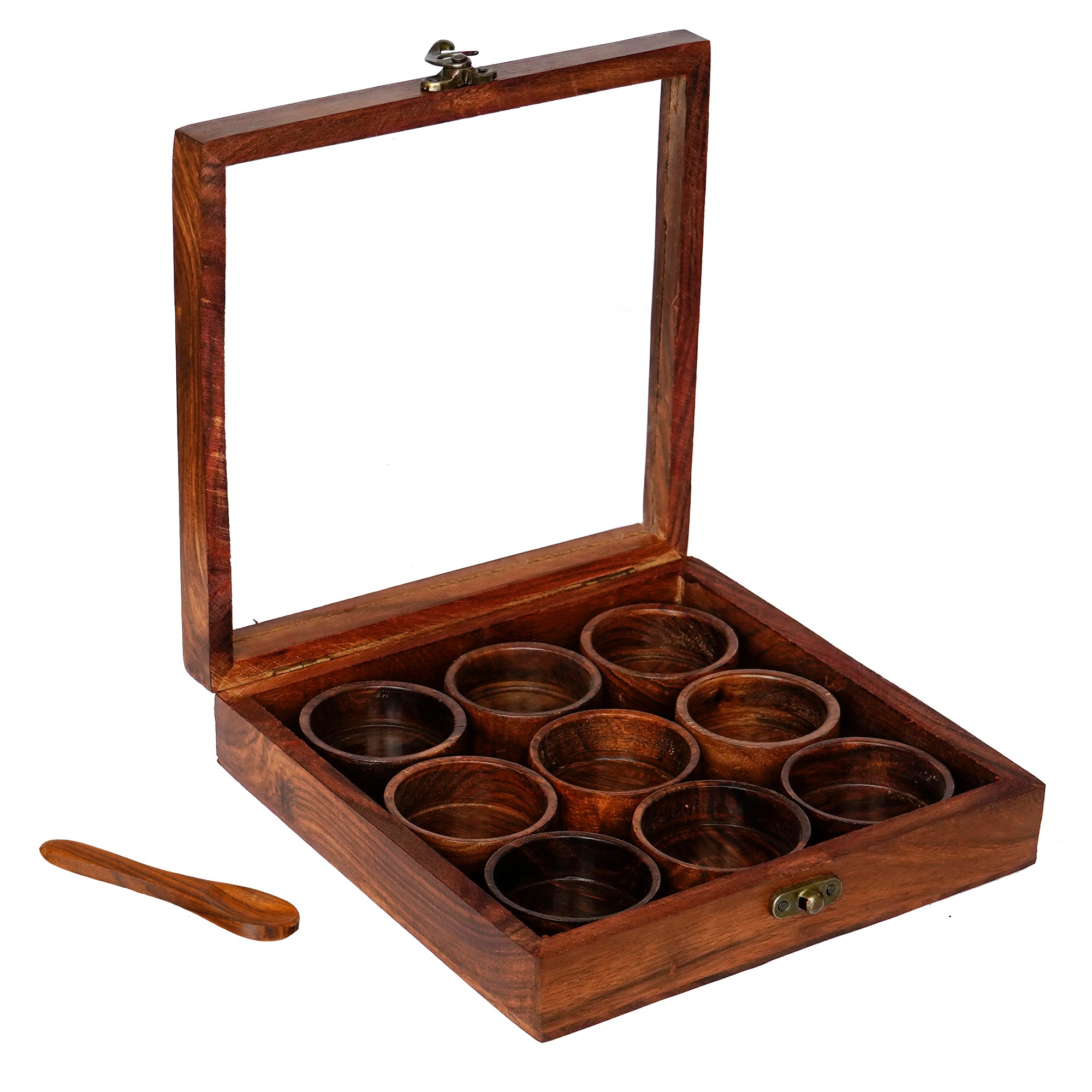Brown 9 Round Compartments Handcrafted Wooden Spice Box 5